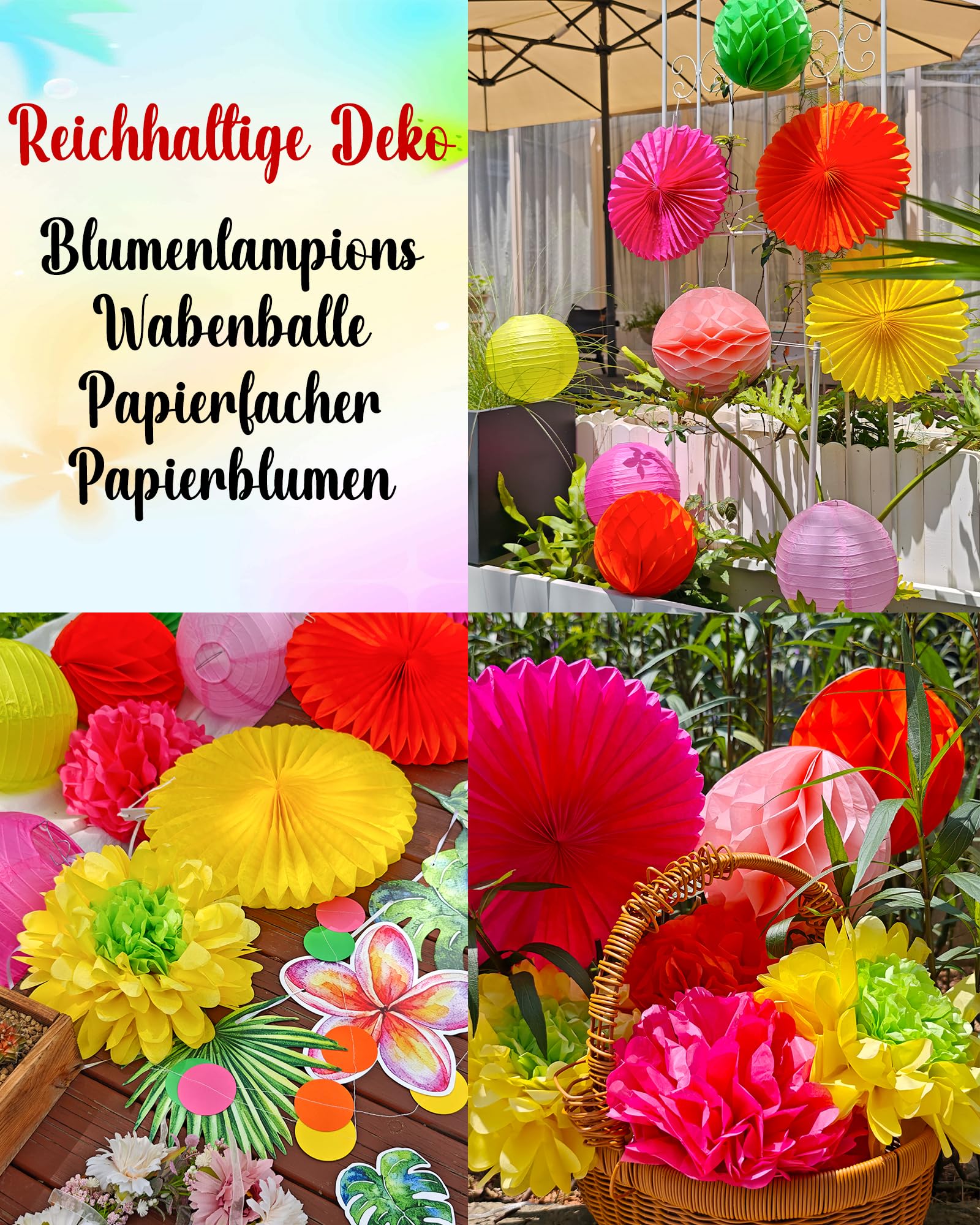 27 Piezas Decoración Hawaii Luau, Decoración Fiesta Hawaiana y Cumpleaños con Abanicos, Flores y Farolitos de Papel, Collares Hawaianos y Elementos Tropicales para Fiesta Playa y Tema Aloha