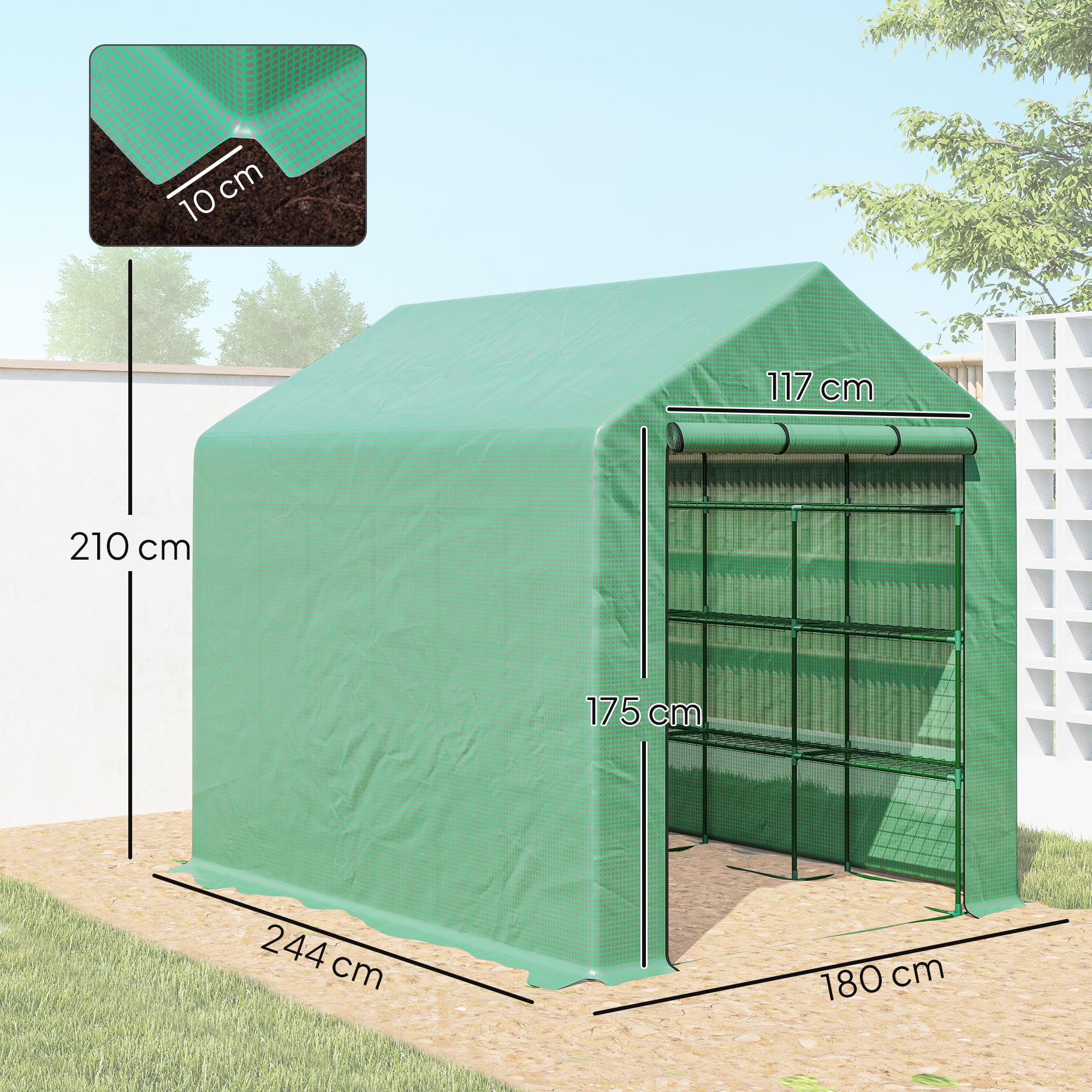 Outsunny Serre de jardin PE avec étagères 4 niveaux, 4,39 m², serre de balcon bâche renforcée 140 g/m², châssis en acier, porte zippée enroulable, pour légumes plantes fleurs, 244 x 180 x 210 cm, vert