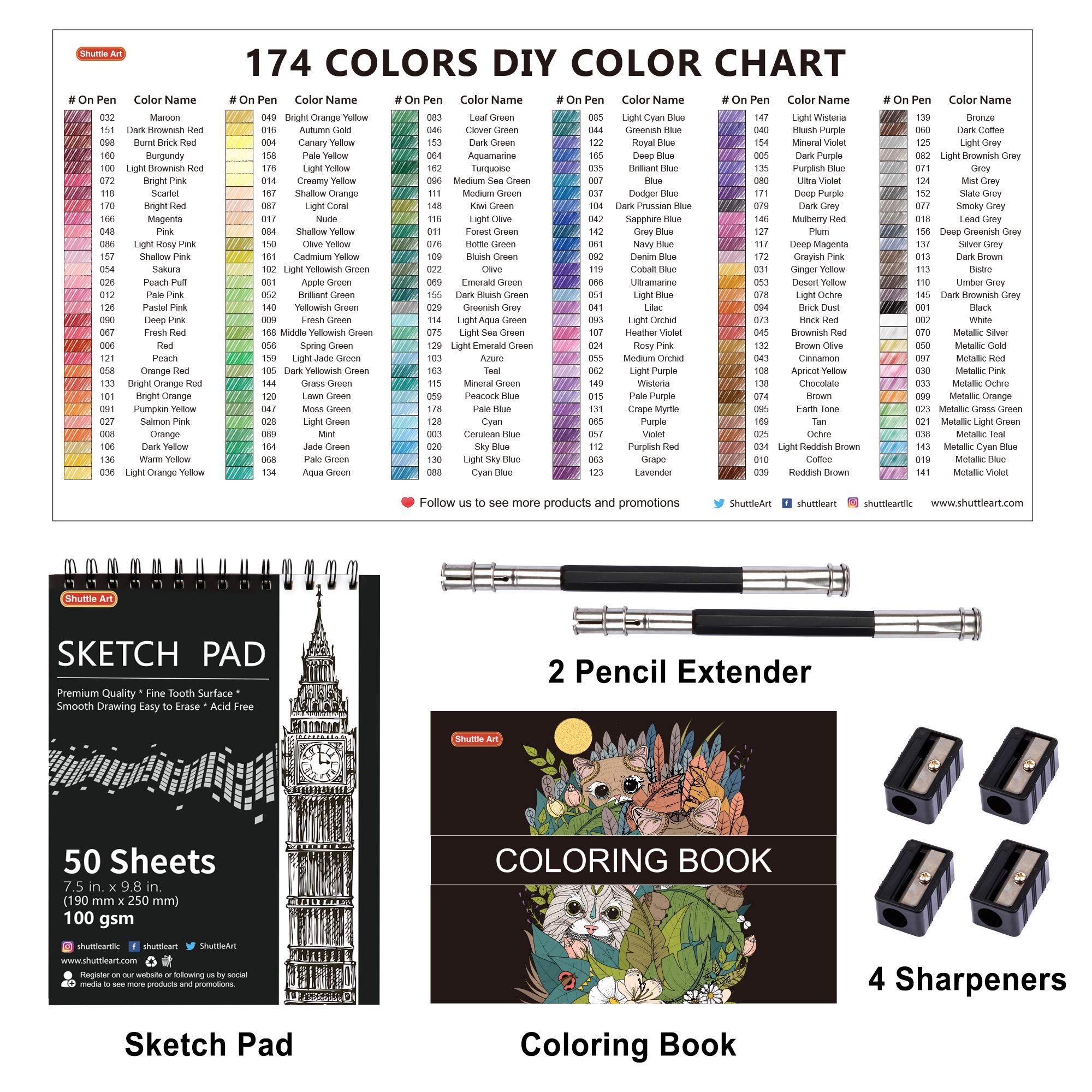 174 Colours Professional Colouring Pencils, Shuttle Art Soft Core Coloured Pencils Set with 1