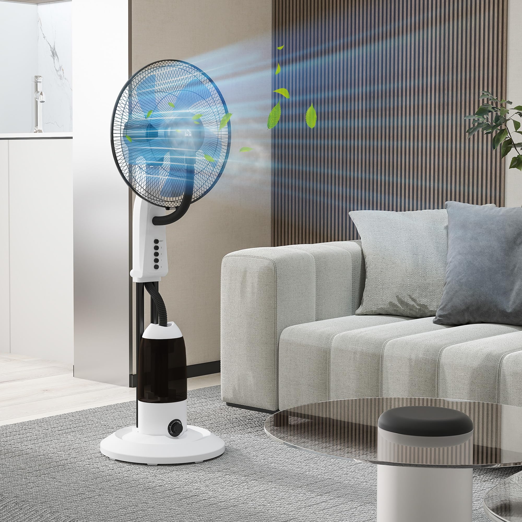 HOMCOM Ventilador Silencioso con Nebulización 90W, Ventilador de Pie de 120cm con 3 Velocidades, Oscilación de 70°, Cabezal Ajustable, Depósito de Agua de 2,8L, Blanco