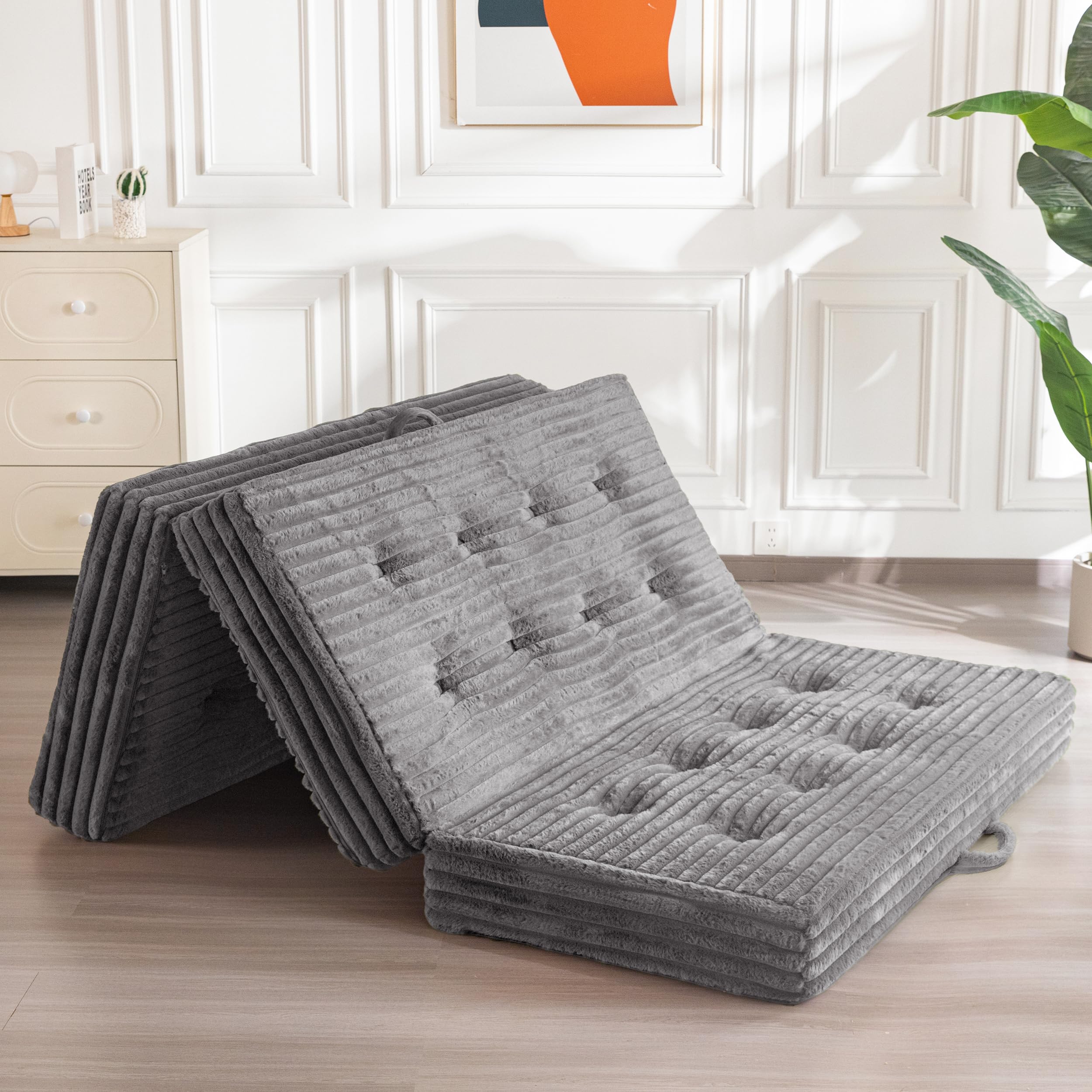 MAXYOYO Folding Mattress Double, 15cm Upholstered Foldable Mattress with Premium Faux Fur Fabric, Tri-Fold Floor Futon Sofa Bed for Living Room/Guest