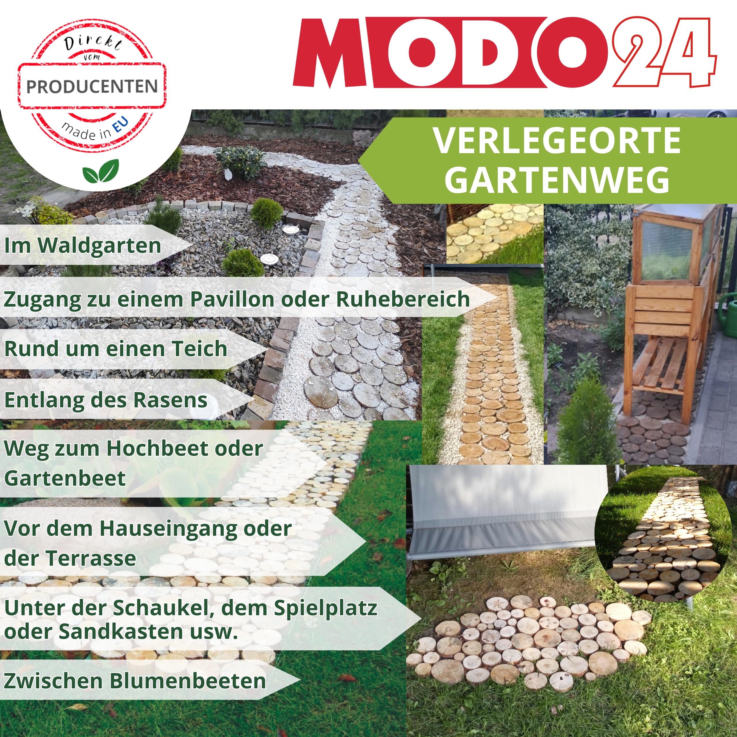 Gartenweg aus Holz, 1 Modul, Gehwegplatte, Gehweg aus Eichescheiben, Gehplatten, Holzscheiben, Holzplatten, Gartenplatten, Beetplatten, Weg Holzpfad, FSC-Holz, Modulmaß 80x50x3 cm