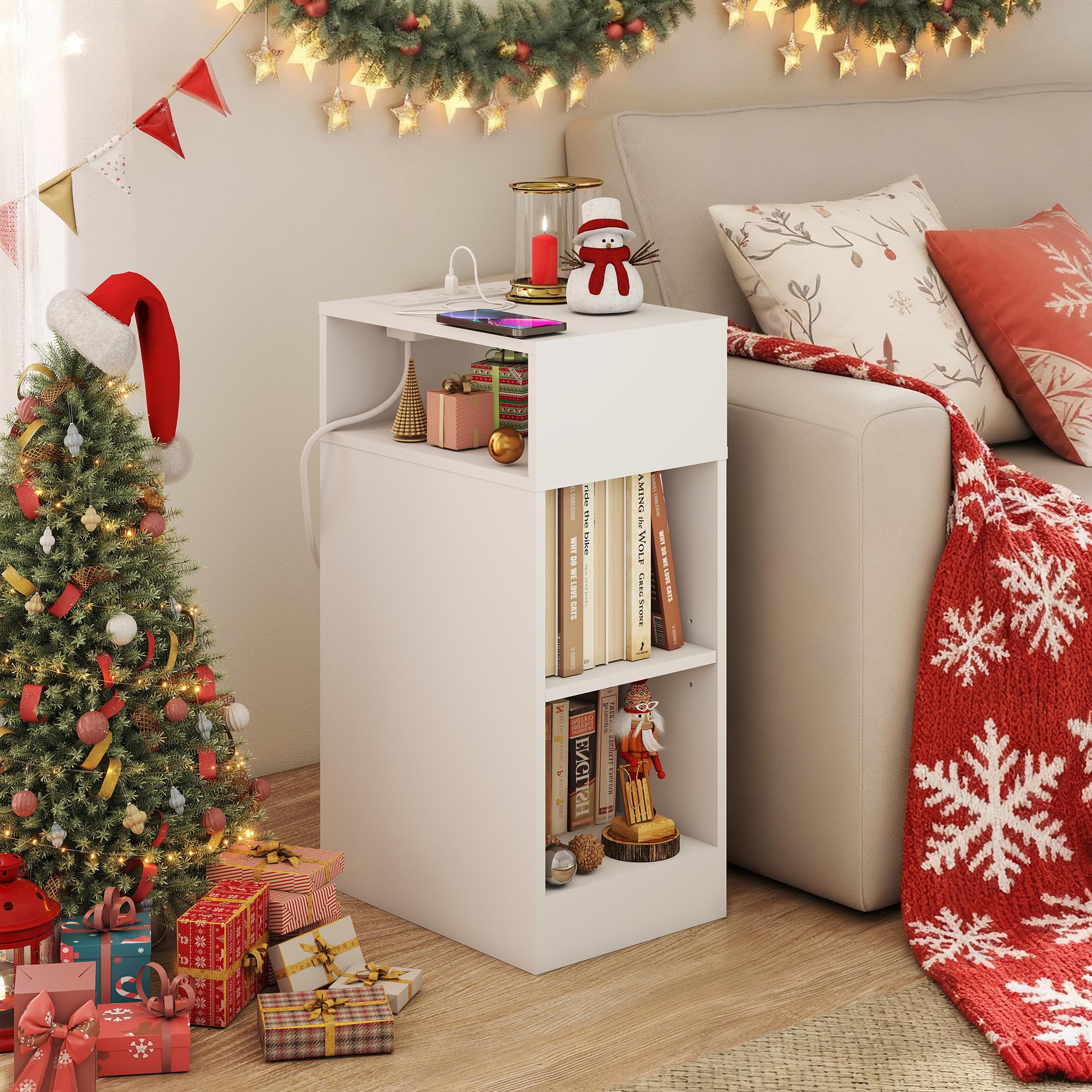 YOSHOOT Narrow Bedside Table,Wooden Nightstand with Charging Station,Slim Bedside Cabinet with 3 Open Shelves,Space Saving Side Tables for Bedroom,Living Room,25 * 35 * 61cm(White)