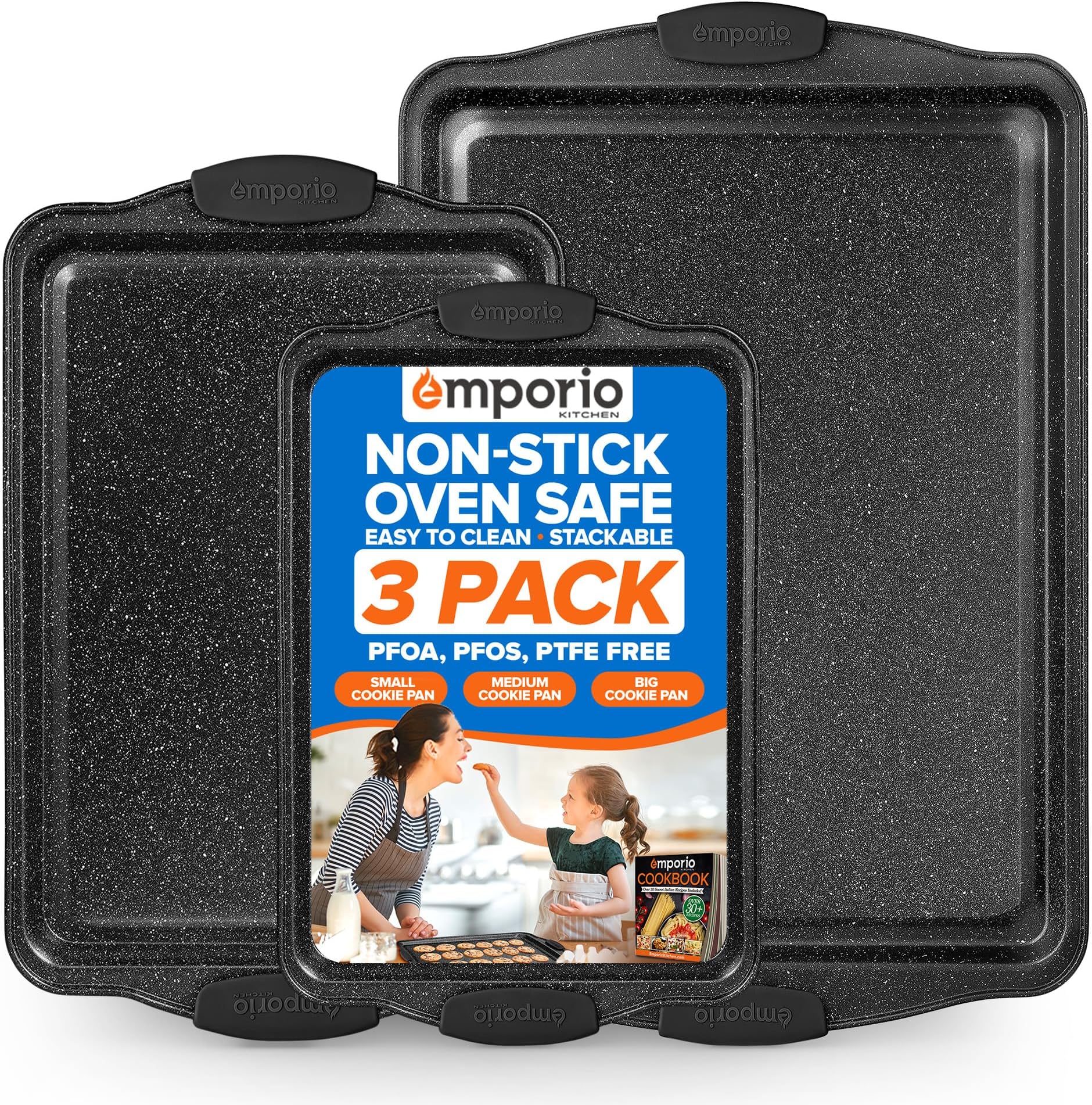 Emporio Kitchen Baking Pan Set - Nonstick Coating, Carbon Steel Bakeware Sets with Gray Silicone Handles, PFOA, PFOS, PTFE Free, Recipe Booklet Included, Oven Safe Tray (Up To 450° F), Set of 3 - Gray