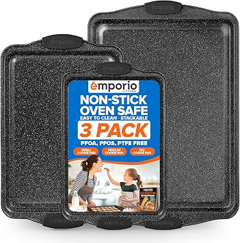 Emporio Kitchen Baking Pan Set - Nonstick Coating, Carbon Steel Bakeware Sets with Gray Silicone Handles, PFOA, PFOS, PTFE Free, Recipe Booklet Included, Oven Safe Tray Up To 450 F, Set of 3 - Gray
