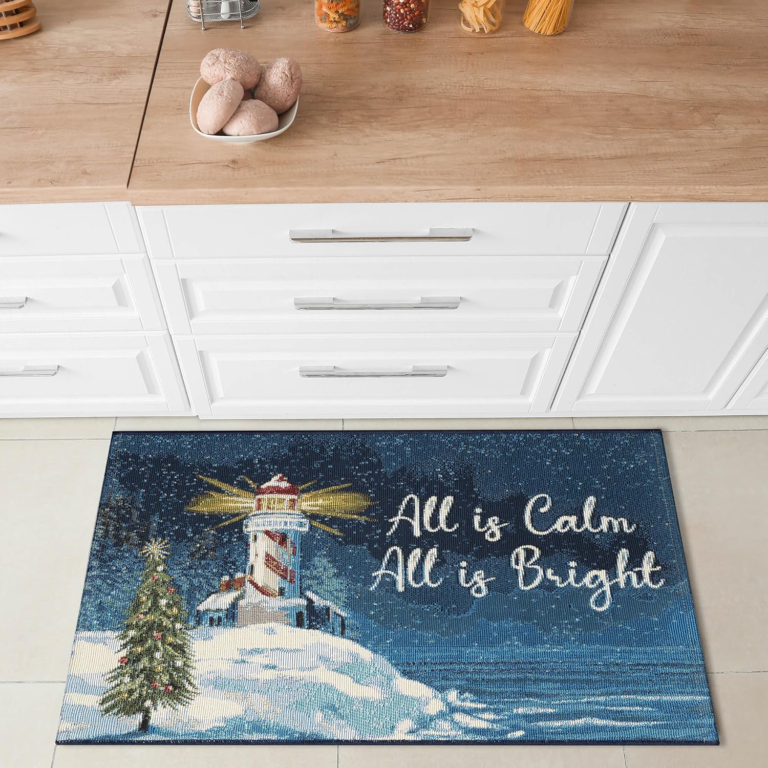 Liora Manne ESENCIA Indoor/Outdoor Power Loomed Latex Back Non Slip Mat - Traditional Graphic Coastal Ocean Welcome (All is Calm Night) (2'5" x 3'11")