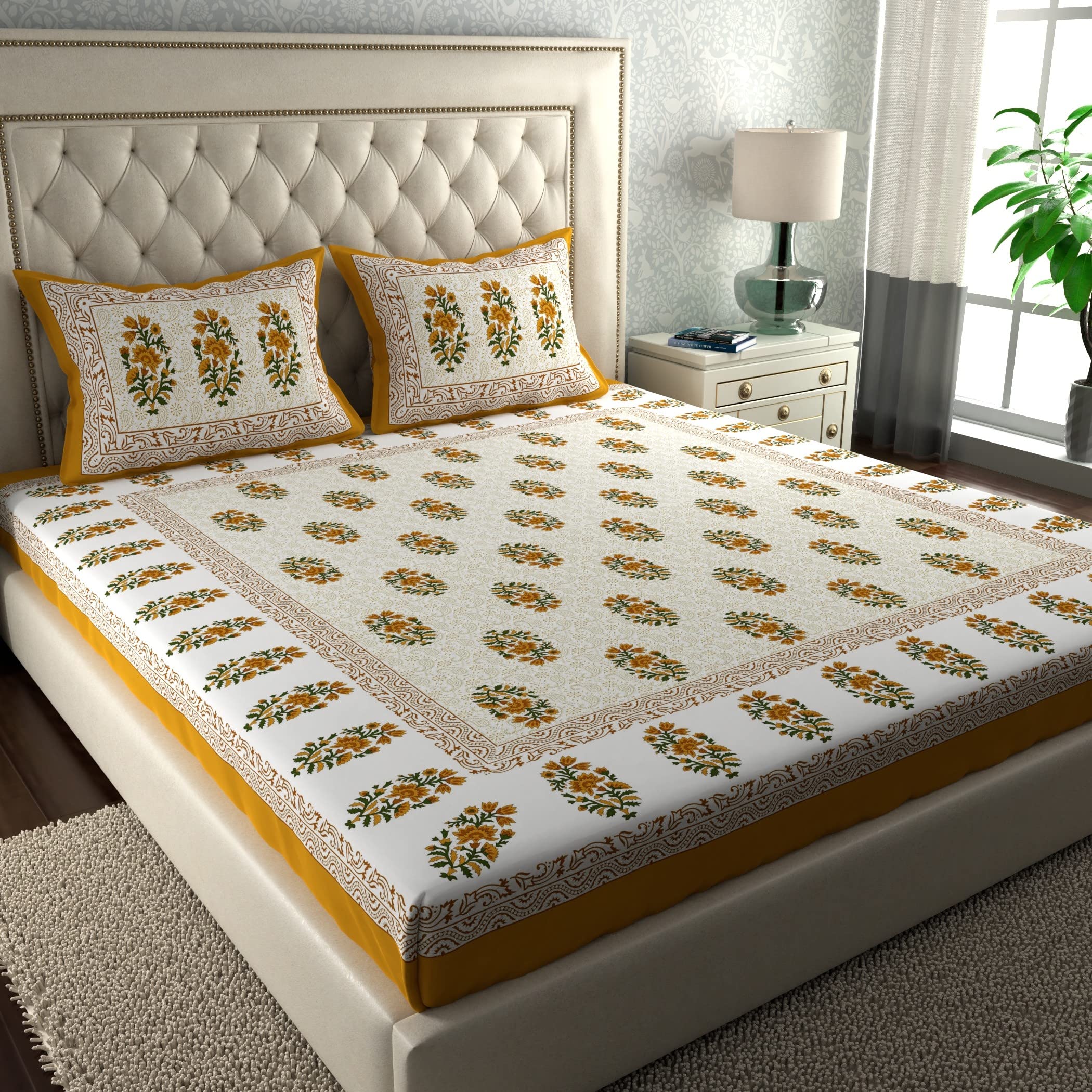 La Verne104 TC 100% Cotton Jaipuri Rjasathani Hand Print Bedsheet with 2 Pillow Covers (Yellow) (B0BZCX14KW) Amazon Price History, Amazon Price Tracker
