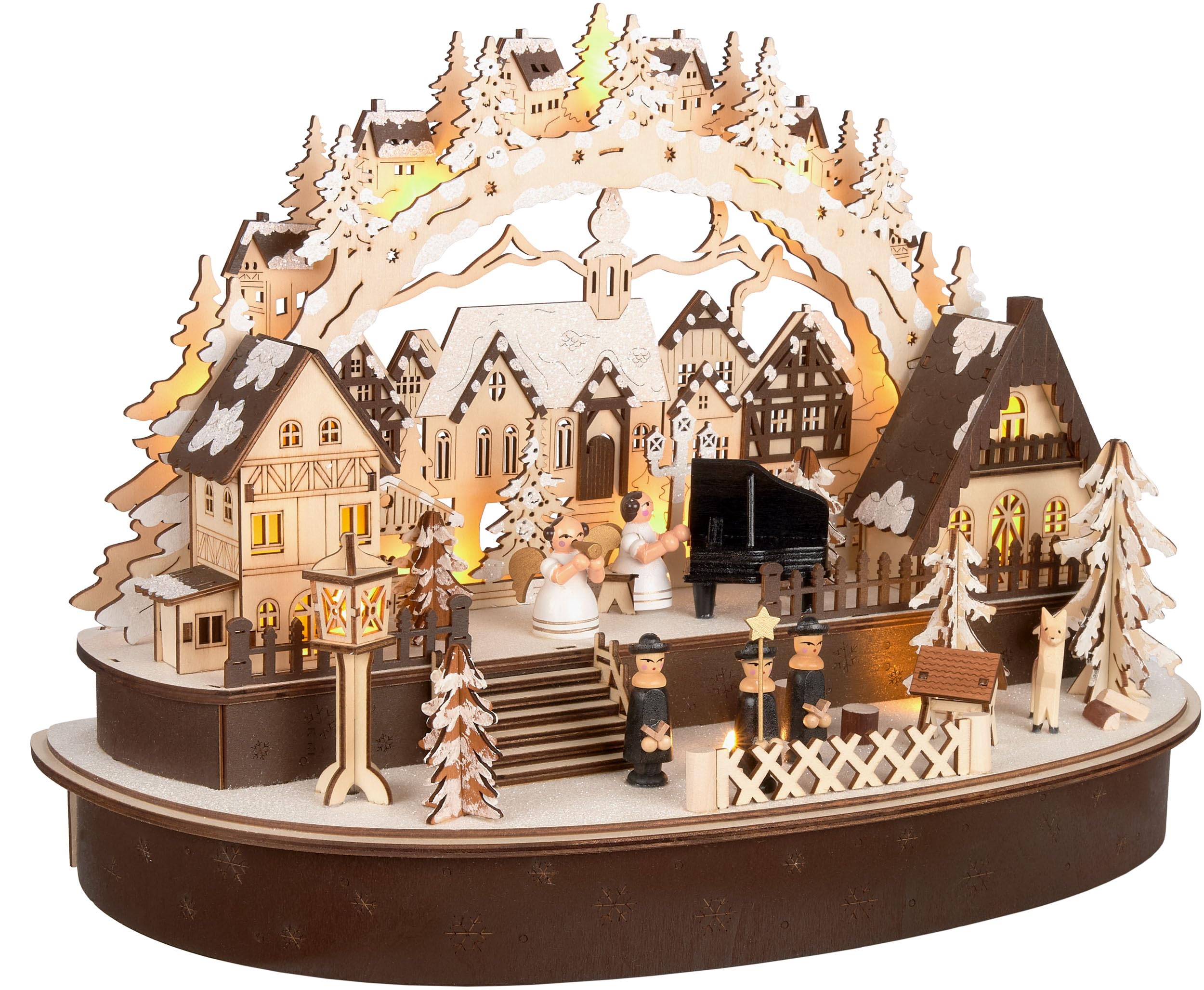 Brubaker 3D Lichterbogen - LED Schwibbogen - Das große Konzert im Weihnachtsdorf 2026 - Weihnachtsbeleuchtung aus Holz Natur - 31 x 45 x 22 cm - Handbemalte Weihnachtsdeko für Tisch & Fensterbank