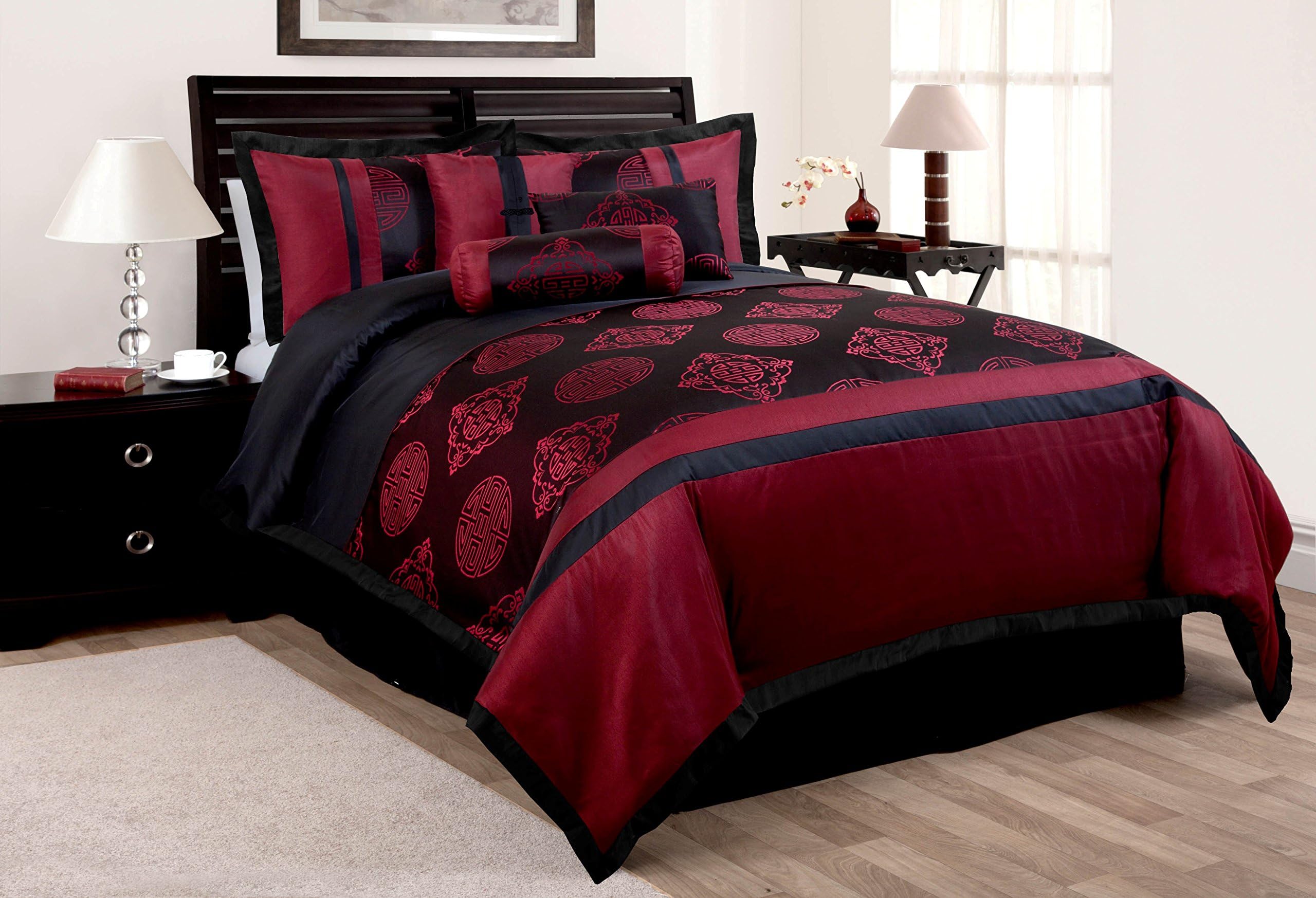 7 Piece Beijing Chinese Style Bed in a Bag Comforter Burgundy/Black (King)