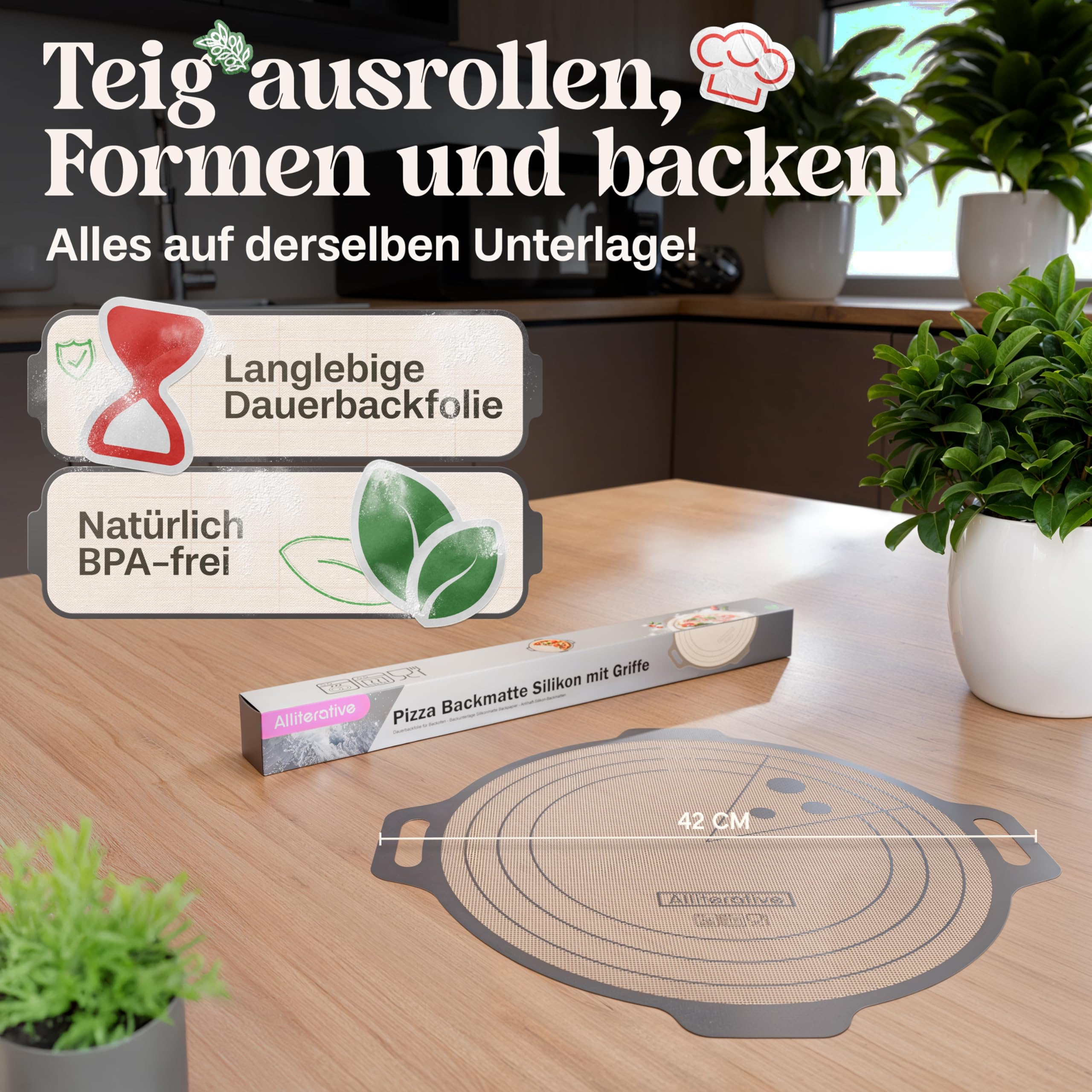 Silikon Backmatte mit Griffen zum Teig ausrollen und im Ofen einschieben | Hitzebeständige Backunterlage | Wiederverwendbares Backpapier | Rutschfest Teigmatte bpa frei
