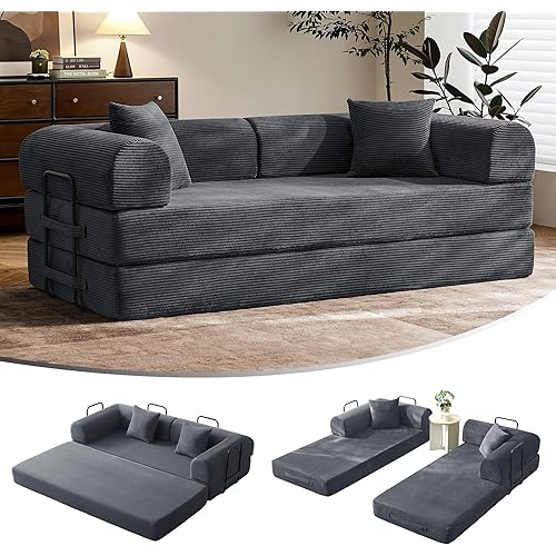 79" Convertible Sofa Bed with Fixed-Shape Frame & Removable Armrests, Modular Corduroy Sleeper Sofa, Folding Mattress Couch for Small Spaces - No Assembly Needed in Dark Gray (Includes 2 Pillows)