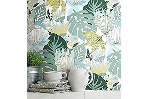 Tommy Bahama Teal and Yellow Retro Tropical Leaves Peel and Stick Wallpaper