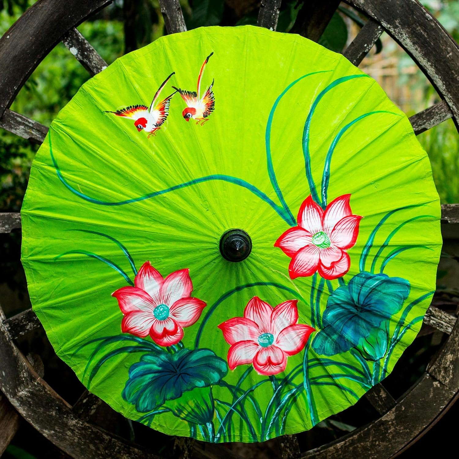 NOVICA Artisan Handmade Saa Paper Parasol with Floral Motifs Multicolor Green Bamboopaper Thailand Decor Accessories Home Accents Upcycled Animal Themed Nature Garden Party Friendly Bird [open 27in H]