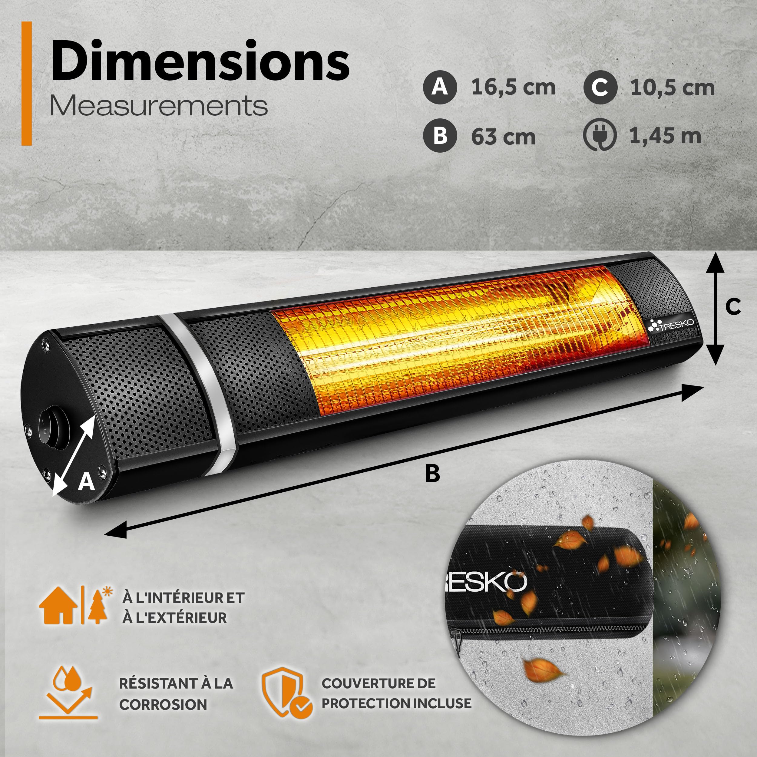 TRESKO Radiateur infrarouge extérieur 2000W | Chauffage radiant terrasse | murale | inclination | télecommande | 3 niveaux | intérieur et extérieur (Noir)
