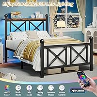 Vista 3 de Base de cama negra de tamaño individual con luces LED, cama de metal resistente con cabecera y piecero, estante de almacenamiento con estación