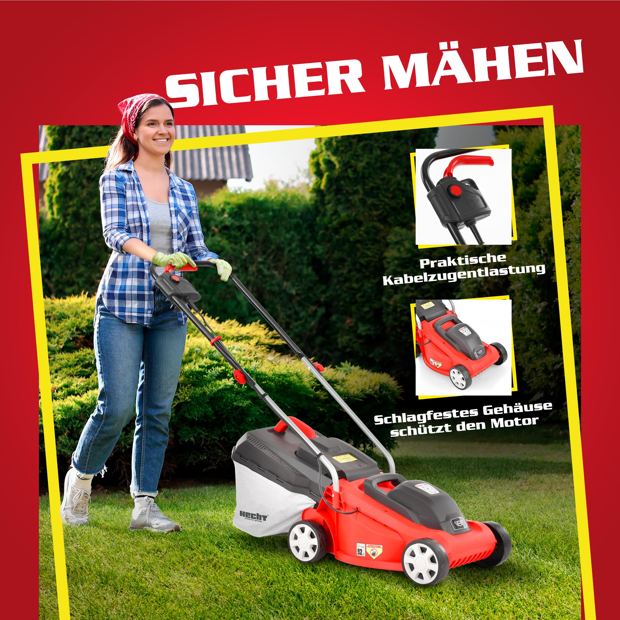HECHT Elektro Rasenmäher 2in1 1300 W 33 cm 30 L Fangkorb | Radschnitthöheneinstellung 20-60 mm, kompakter Rasenmäher für Garten, Vorgarten und regelmäßige Rasenpflege