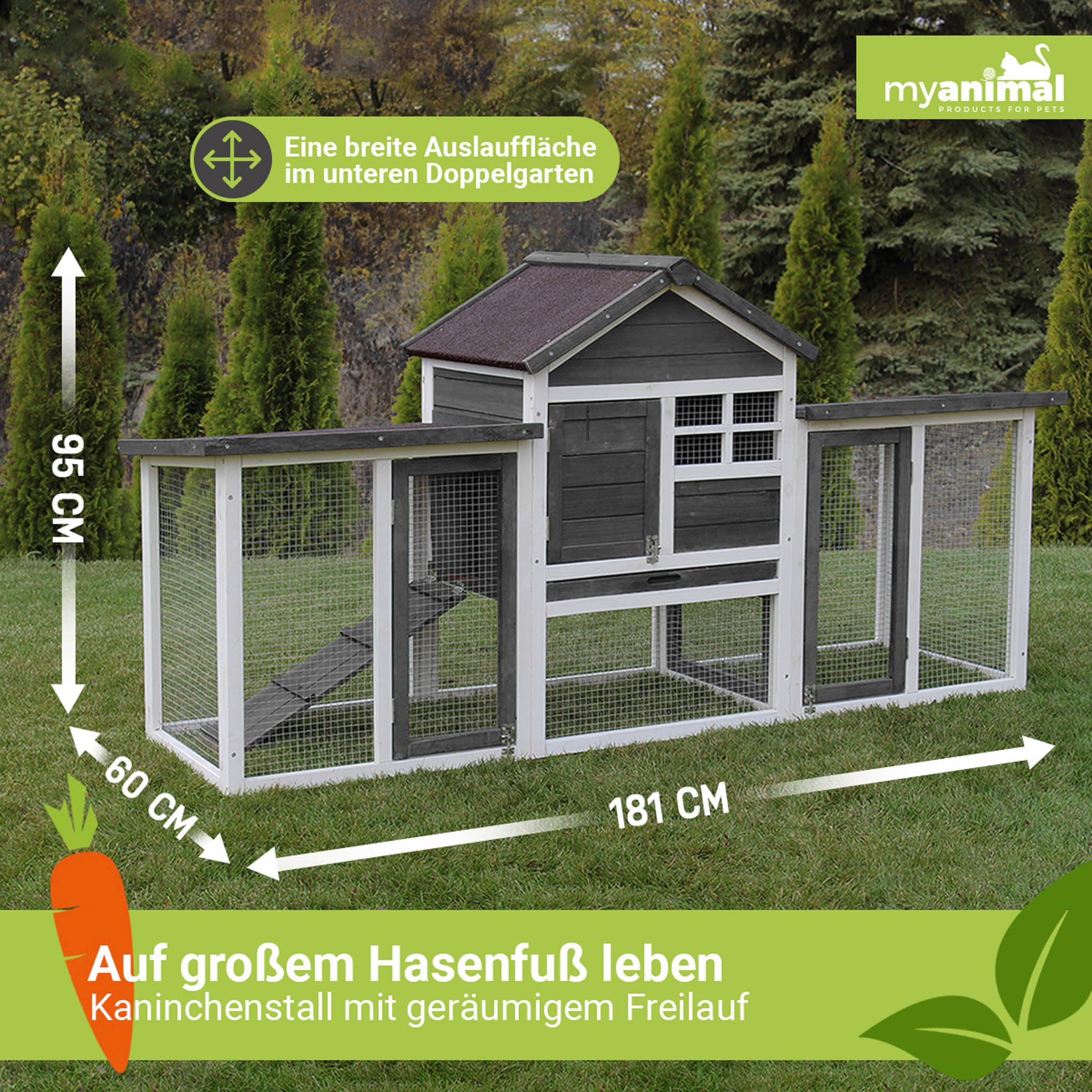 Miweba MyAnimal Hasenstall MH-31 | 181x60x95 cm - Kaninchenstall mit Freilaufgehege - Hasenkäfig - Kleintierkäfig - Holz imprägniert - Kaninchenkäfig Winterfest - Käfig - Hasenhaus (Grau/Weiß)