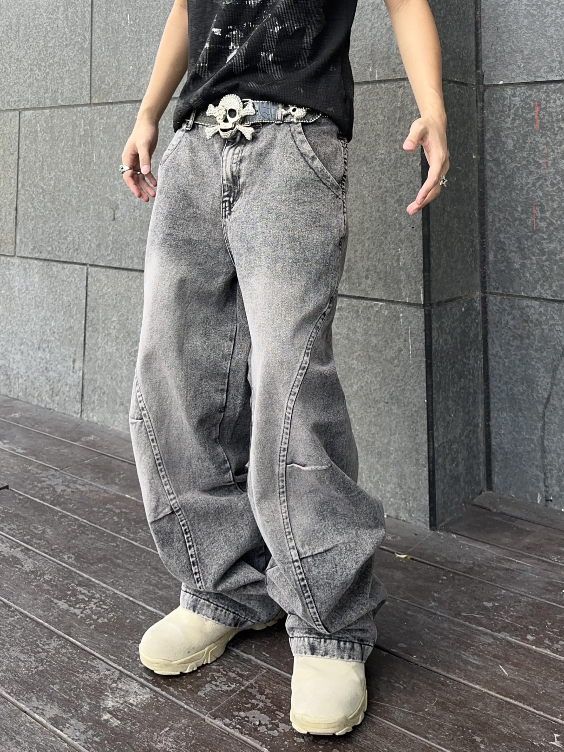 Zewool Jeans Baggy da Uomo con Cuciture Irregolari – Pantaloni in Denim Wide Leg Y2K Hip Hop Moda Casual Streetwear
