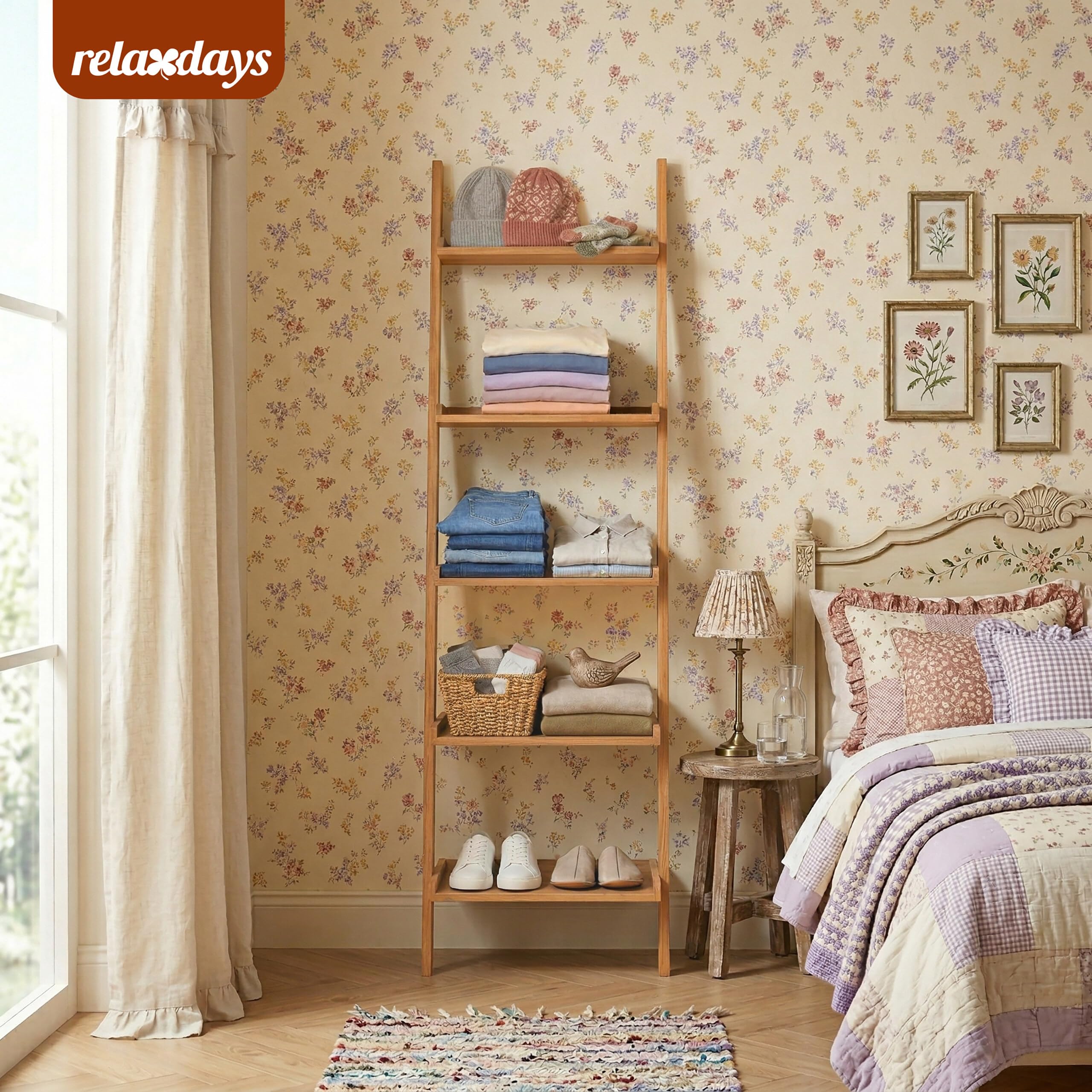 Relaxdays Leiterregal Walnussholz, 5 Etagen, Bad, Küche, Wohnzimmer, Standregal zum Anlehnen, HBT: 189x56x33 cm, Natur