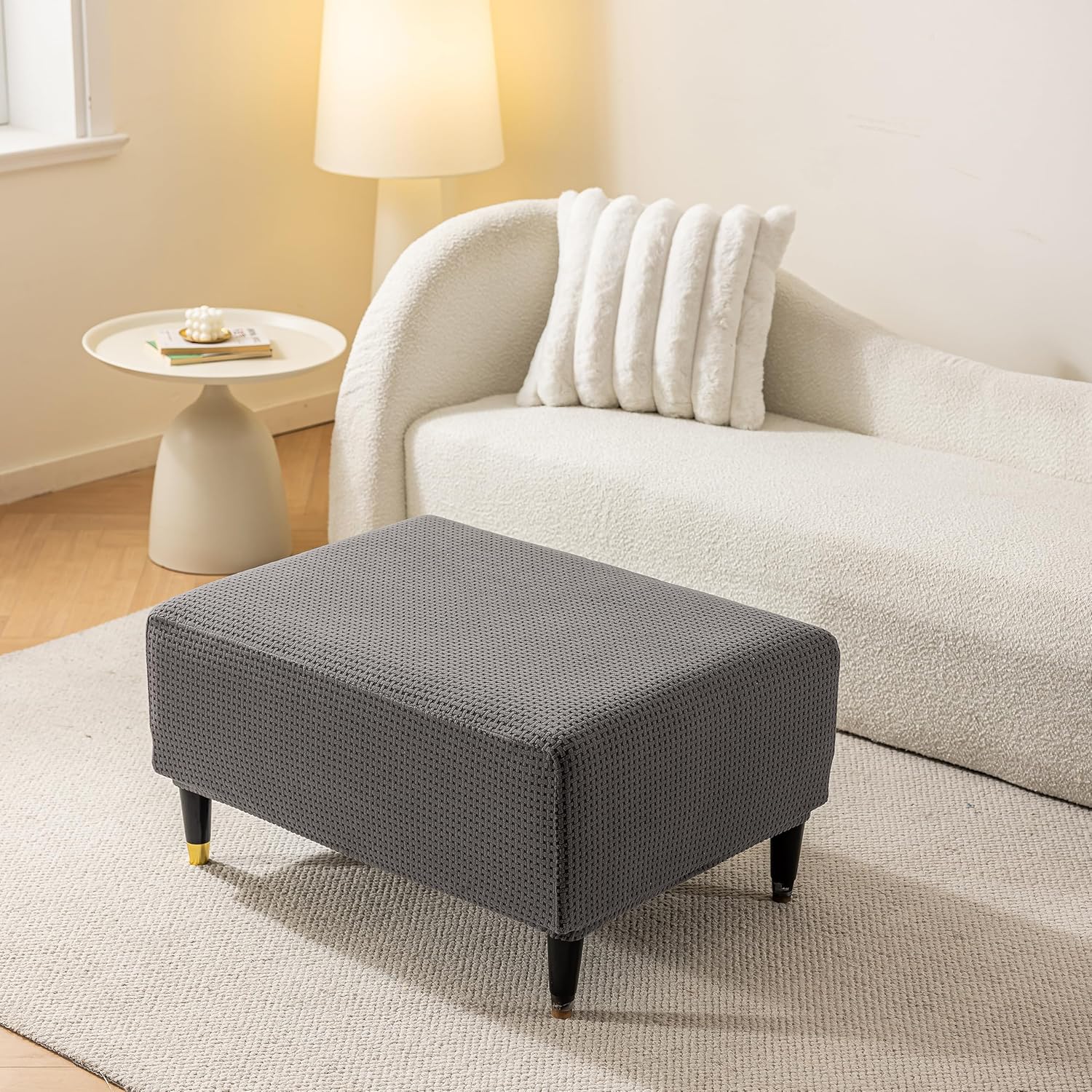 Ottoman Cover Slipcover Rectangle Fit Length 25"-30" Stretch Foot Stool Slip Cover, Footrest Slipcovers Protector with Elastic Band, Ottoman Cover Removable Washable(Small,Grid Weave Grey)