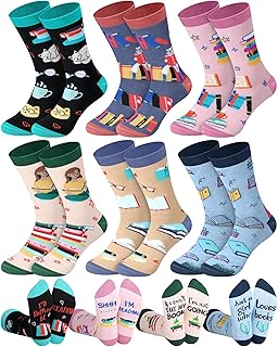 Liitrsh 6 Pairs Women Book Socks Novelty Book Lover Gifts Funny Reading Crew Socks with Saying Reader Club Bookish Gifts for Birthday Christmas