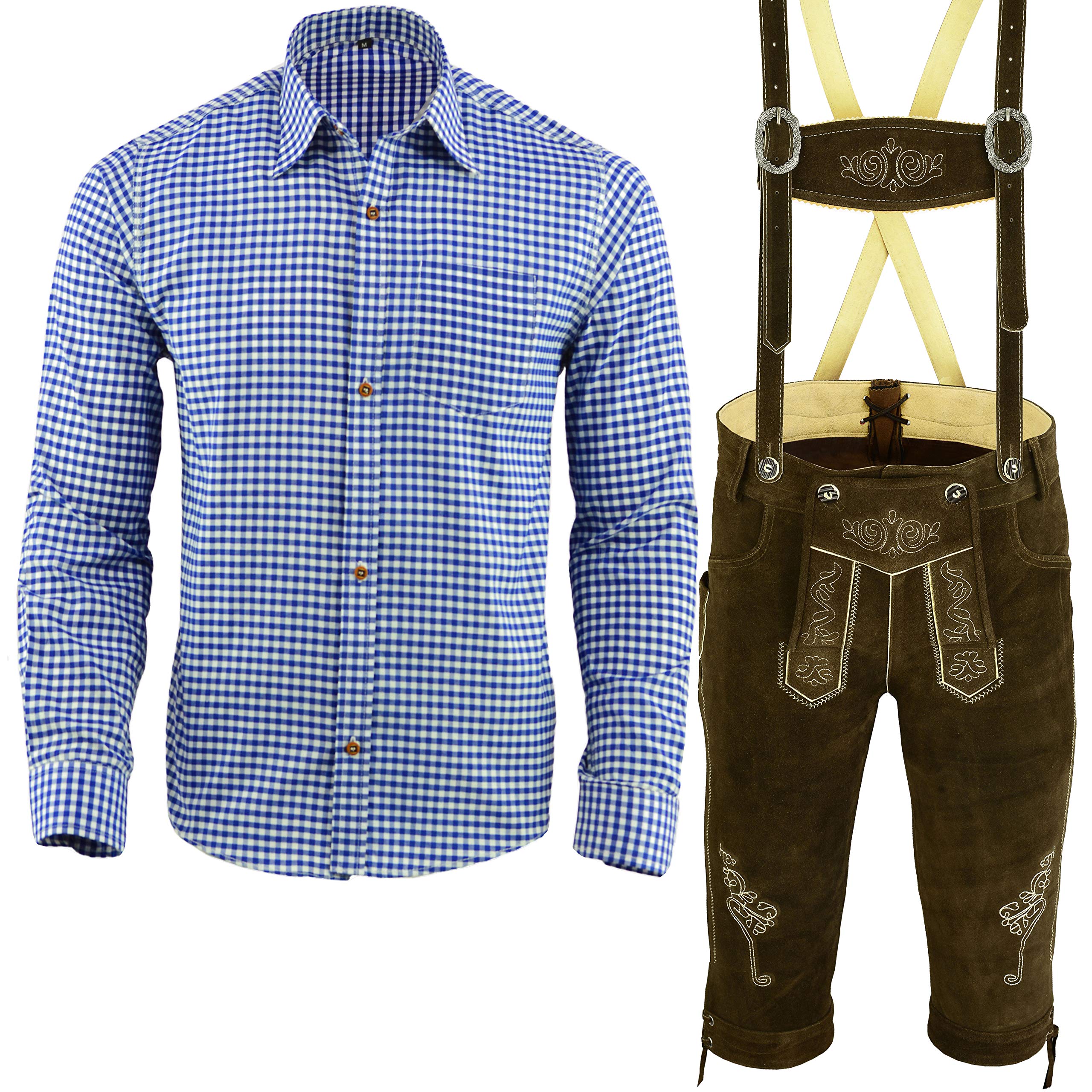 Herren Trachten Lederhose mit Träger Echt Lederhose für Oktoberfest Größe 46-62 Dunkelbraun Hosenträger Trachtenlederhose Oktoberfest Outfit Blau Rot Hemd