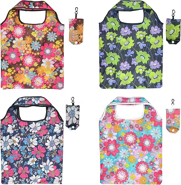 Shopping Bags, 4Pcs Reusable & Foldable Shopping Bag Eco Waterproof Tote Shopping Bag Washable Groceries Tote Bags Grocery Bags for Daily Use Travel Storage & Everyday Shopping