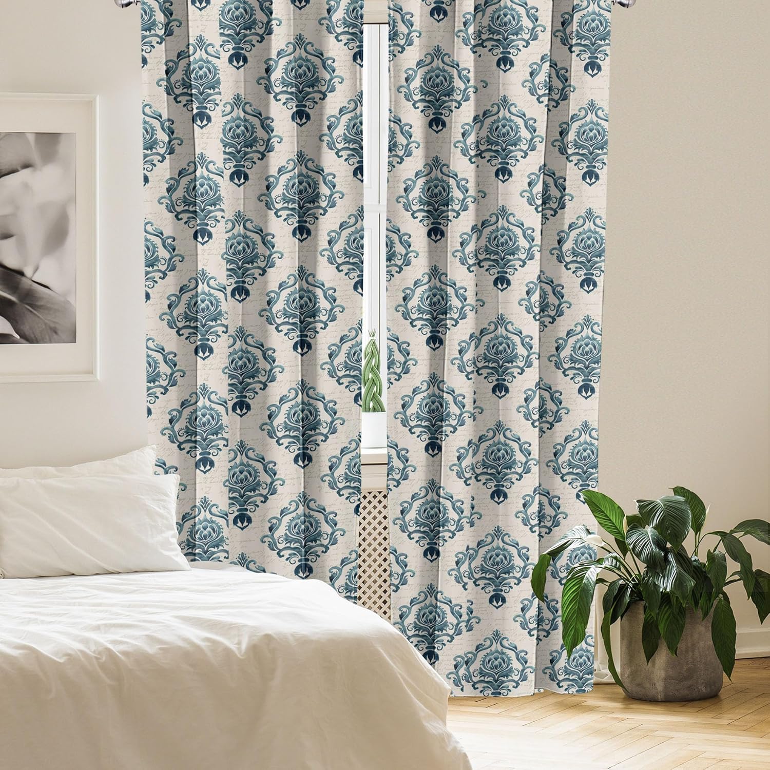 Ambesonne Damask Curtains, Nostalgia Themed Composition with Baroque Blooms and Hand Writing Backdrop, Window Treatments 2 Panel Set for Living Room Bedroom, Pair of - 28" x 95", Petrol Blue
