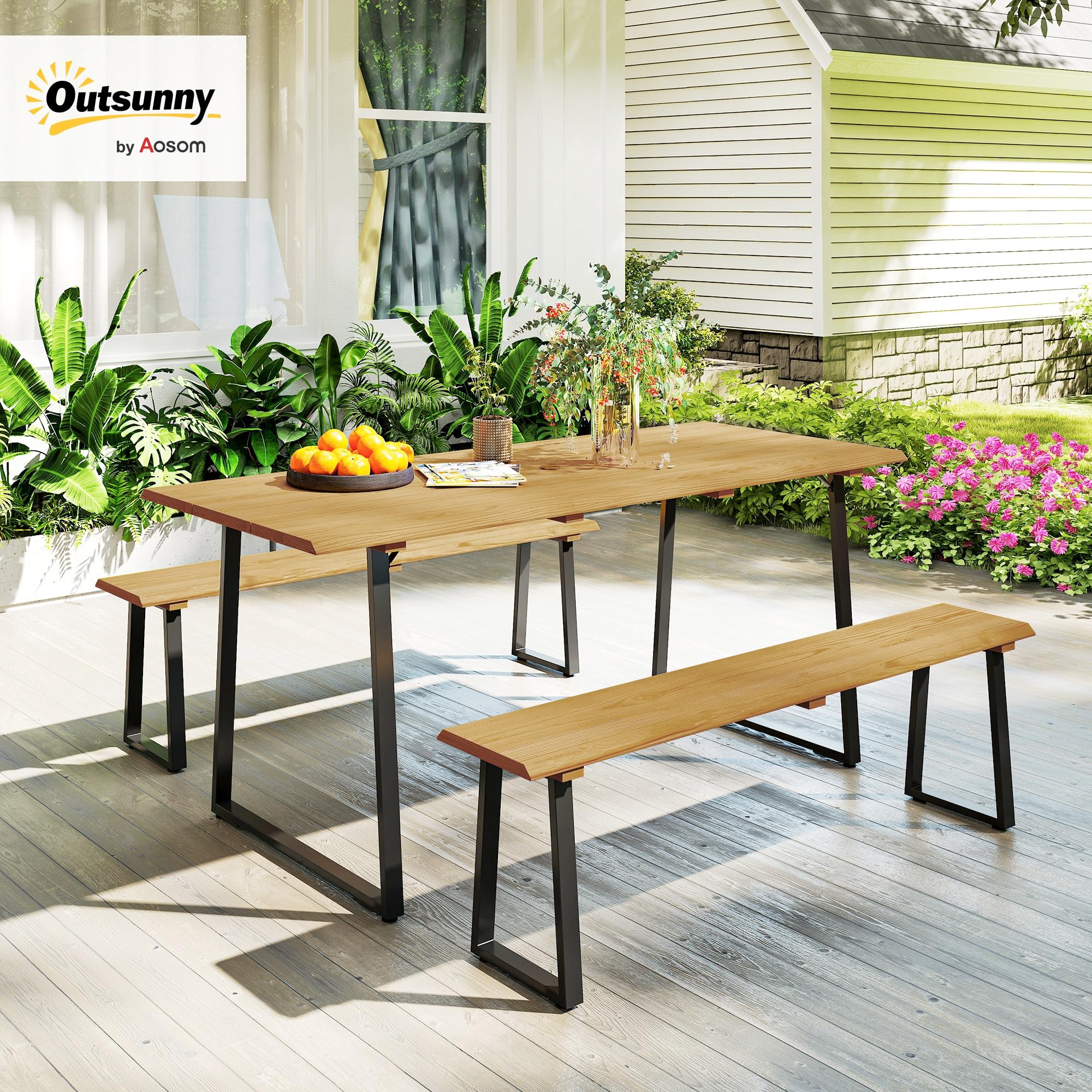 Outsunny Sitzgruppe 3-teilig Holz Essgruppe für 6 Personen mit Esstisch und 2 Bänken Schirmloch Esszimmergruppe Holztisch Küchentisch-Set Gartenmöbel für Balkon Terrasse Naturholz