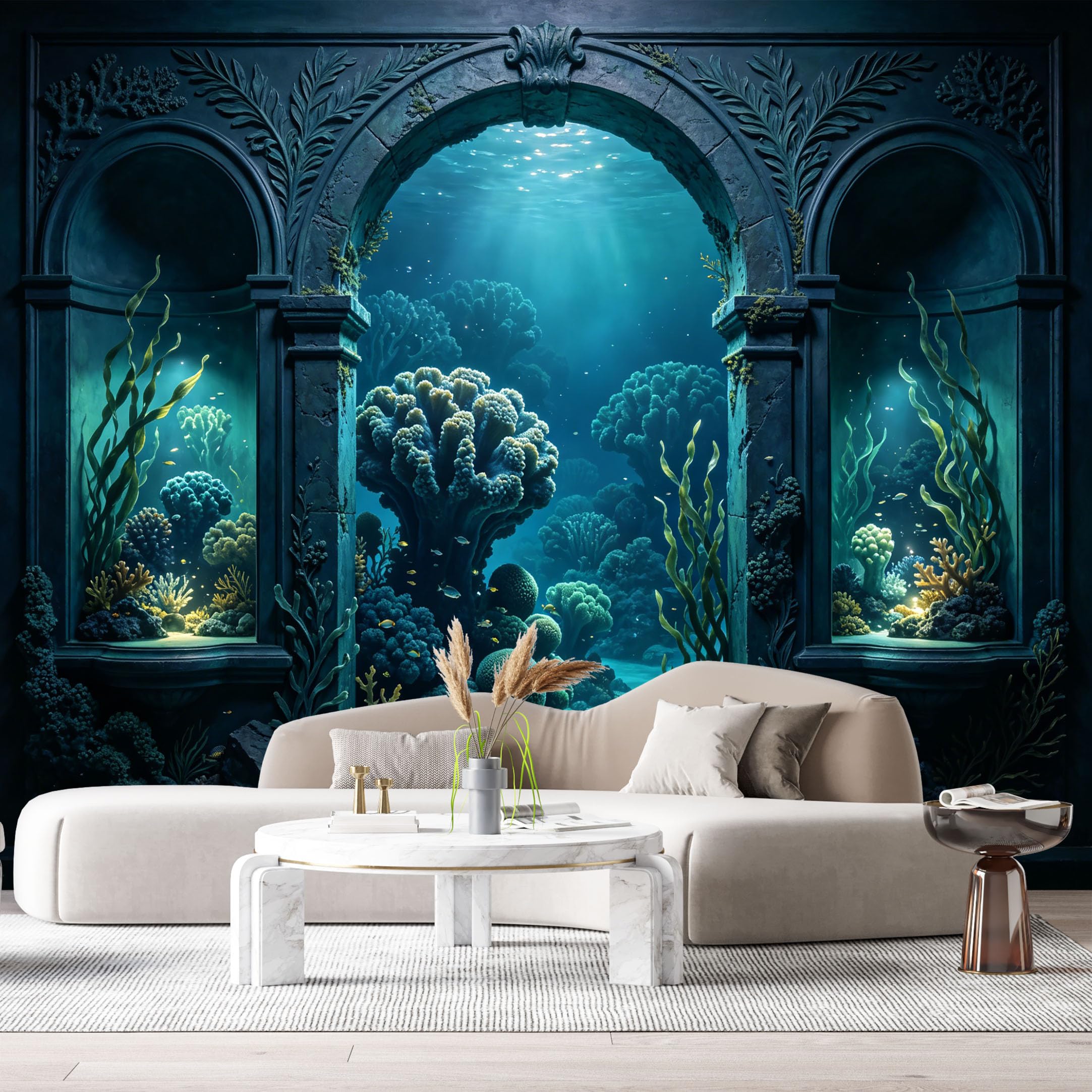 Custom Size Wall Murals Ocean Marine Coral Reef Archway 3D Trompe L'Oeil SelfAdhesiveWall Fabric Removable Wallpaper Wall Decor for Living Room Bedroom Bathroom