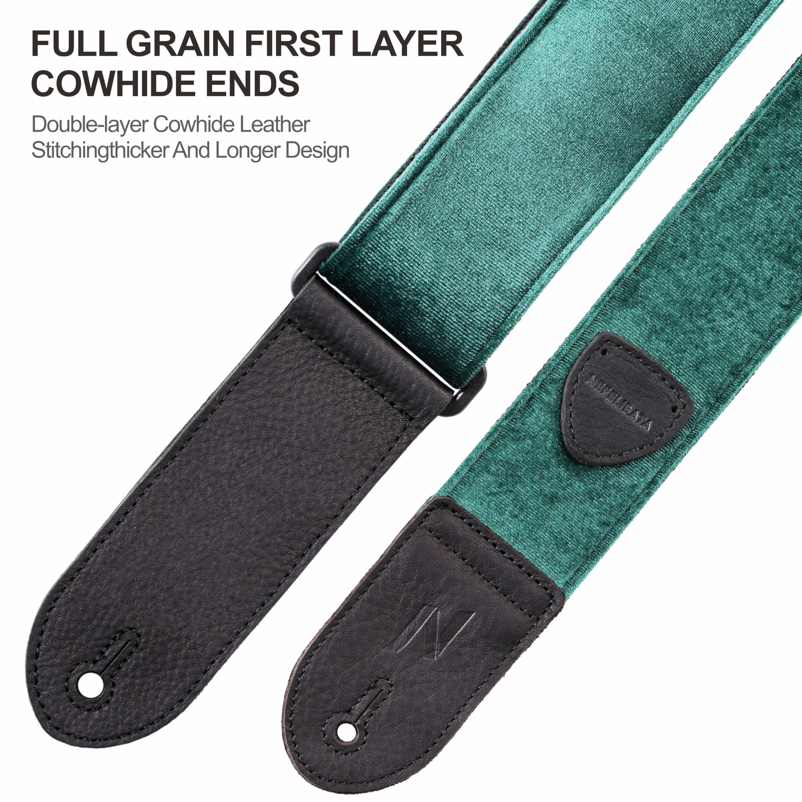 Nefelibata Guitar Strap,Double Full-Grain Leather Ends,Vintage Velvet Strap/FREE BONUS-4 Picks+Locks+Strap Button,Gift For Bass,Electric&Acoustic Guitars(Vintage Christmas Green) - Image 3