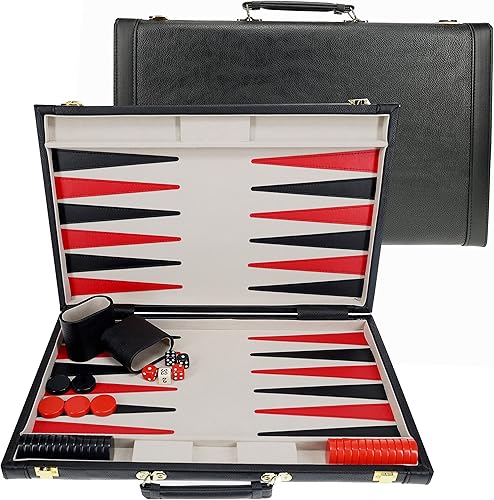 WE Games Juego de Backgammon, elegante estuche de cuero sintético negro, 21 x 12.5 pulgadas. Cerrado; 25 x 21 pulgadas. Abierto, juegos de mesa