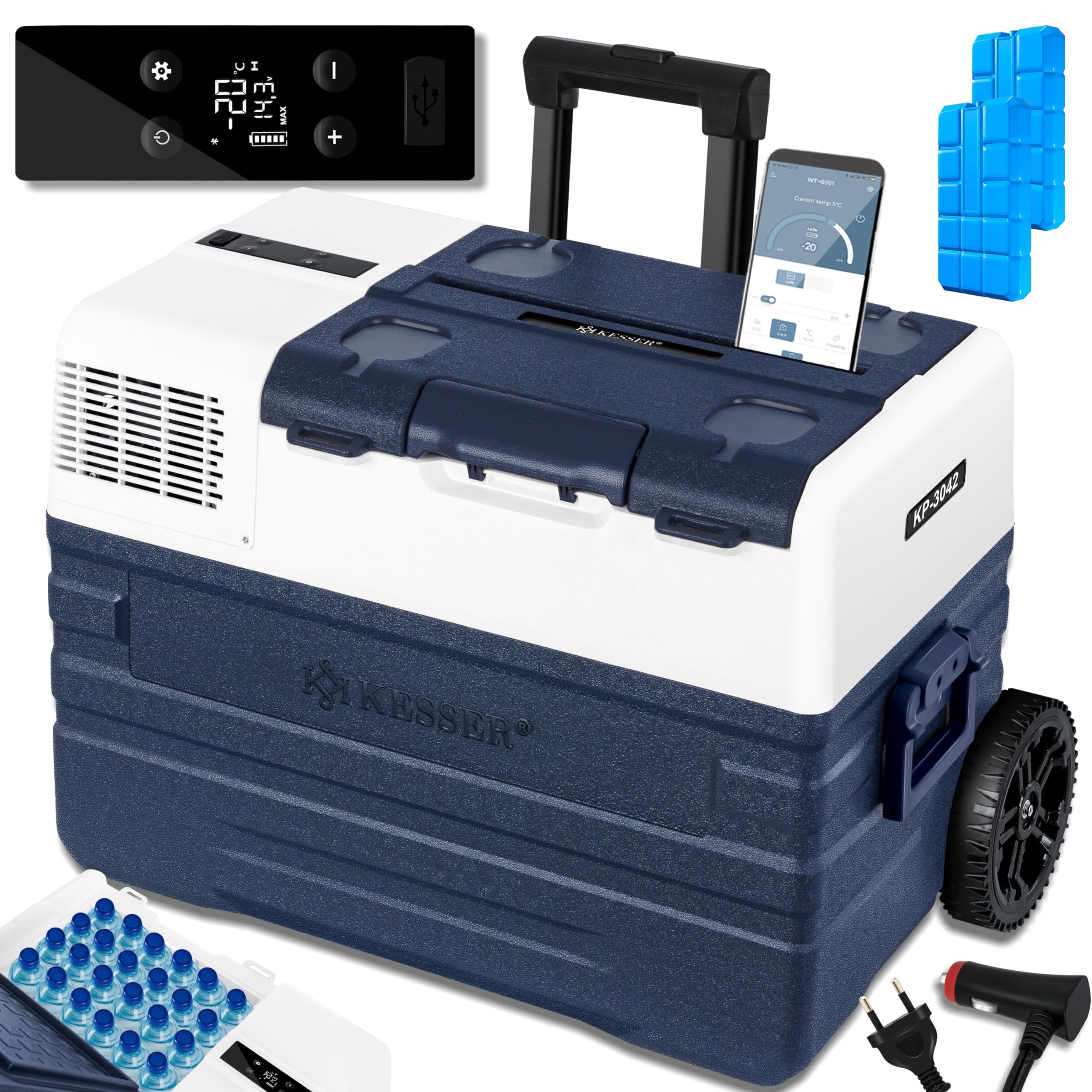 KESSER® Kompressor Kühlbox Auto elektrisch 42L, Camping Kühlbox 12/24/230V mit APP-Steuerung, Gefrierbox bis –20 °C, mit Rädern & Teleskopgriff für Camping, Wohnmobil, LKW & Boot + 2 Kühlakkus