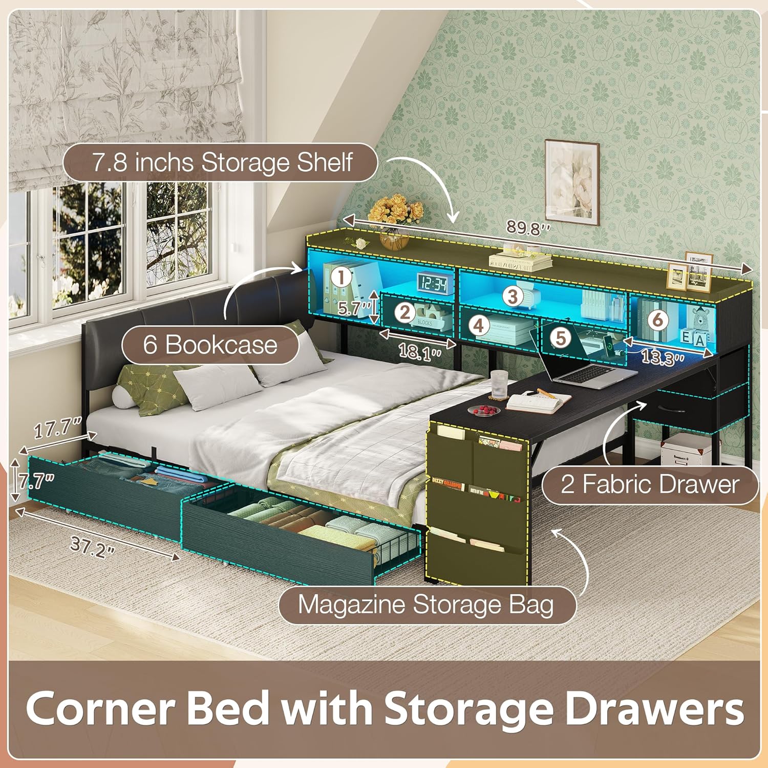 Dnxao Corner Bed Frame Full with Storage and Desk,Full Bed Frame with Upholstered Headboard, 4 Drawers, 6 Bookcase,1 Bedside Organizer,LED Lights and Charging Station,Black