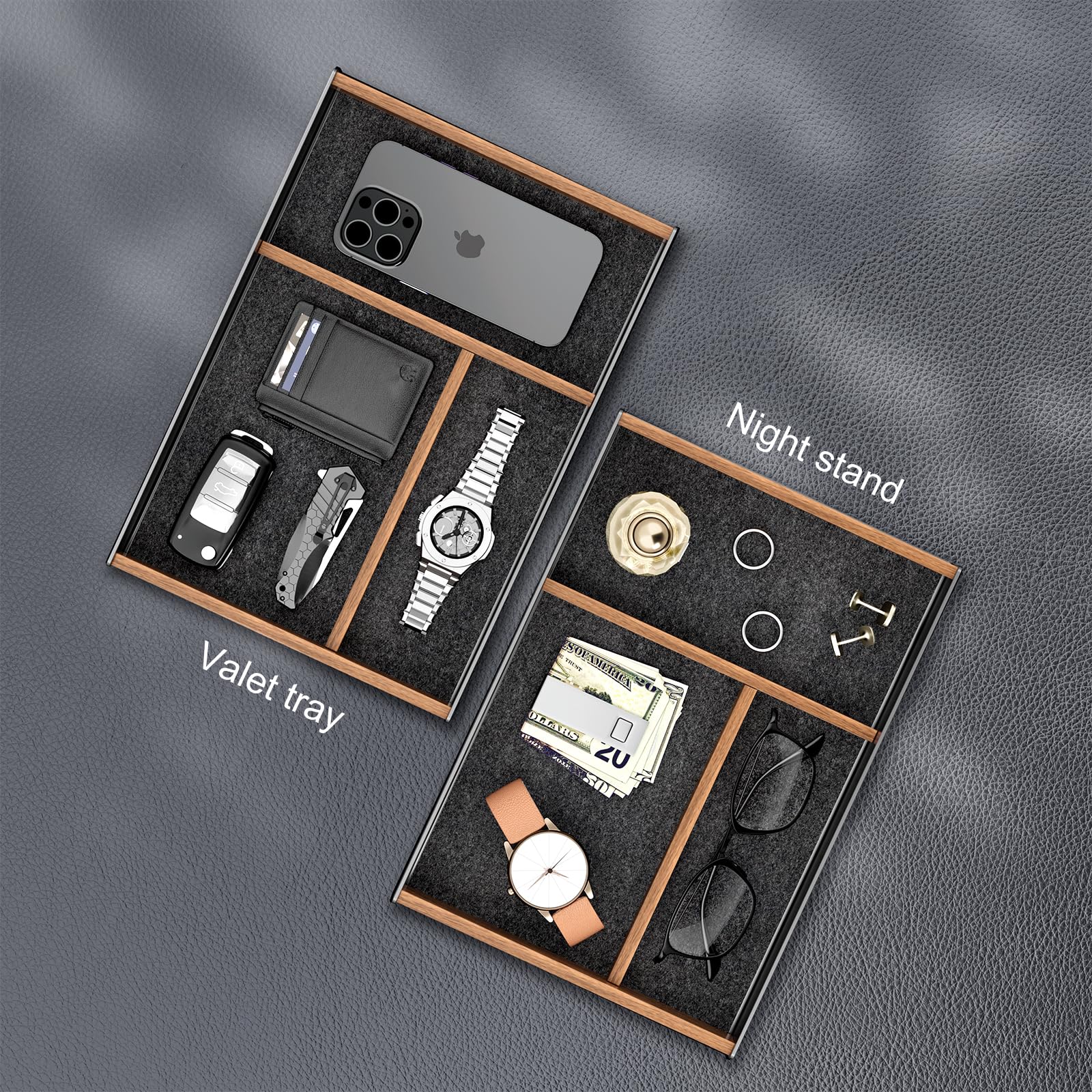 UPERGO Bandeja organizadora de cajones de escritorio, valet para hombre hecha de aluminio y nogal, accesorios estéticos de escritorio para suministros de oficina y hogar