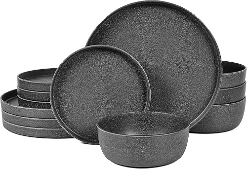 Miniatura 8 de Webbylee Juego de vajilla de melamina – Juego de 12 platos redondos mate y cuencos para uso en interiores y exteriores, juego de platos de