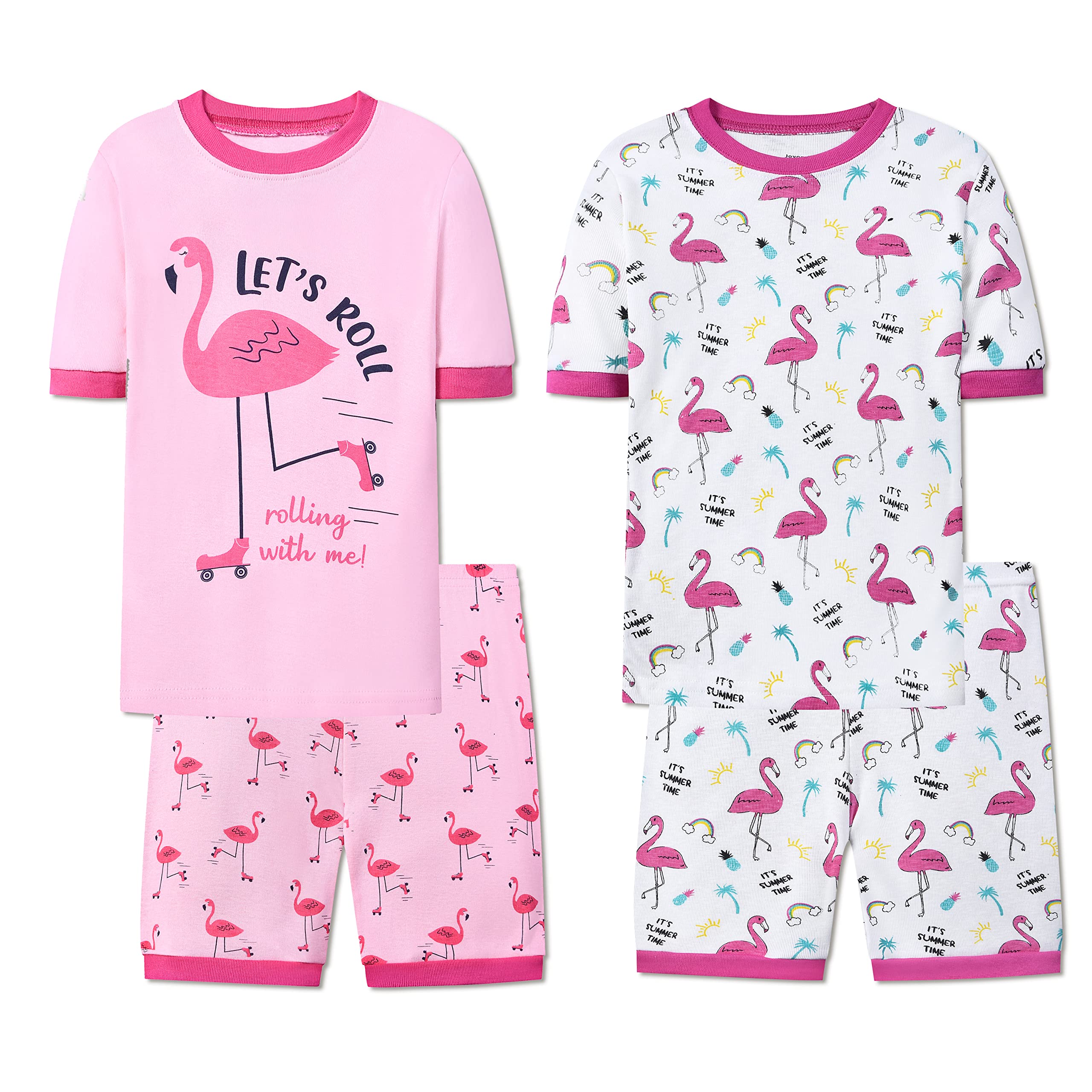 Joyond Girls Pure Cotton Summer Pjs Size 2T-14Years, Little Girls Short Sleeve 4-Piece Sleepwear Kids Toddler Pajamas Set