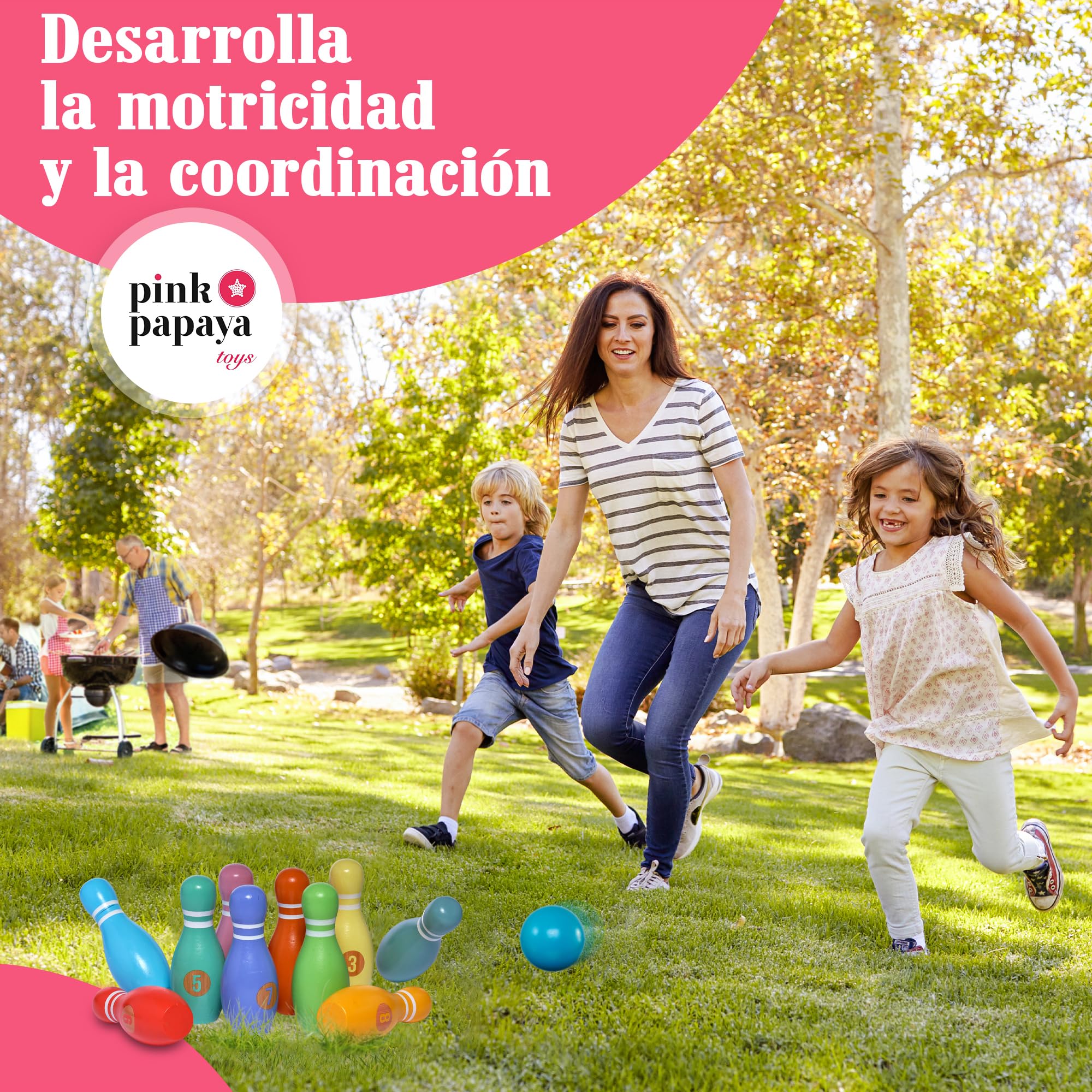 Pink Papaya Bolos Infantiles, Juego de Bolos para Niños de 12 Piezas, Juegos de Exterior Niños, Juguetes para Niñas