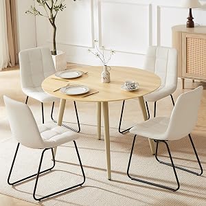 HIPIHOM 43.3 Inch Round Dining Table Set for 4, Modern Small Kitchen Coffee Set for Dining Room Kitchen Apartment (Cream Table+4 U-Shaped White Chairs)