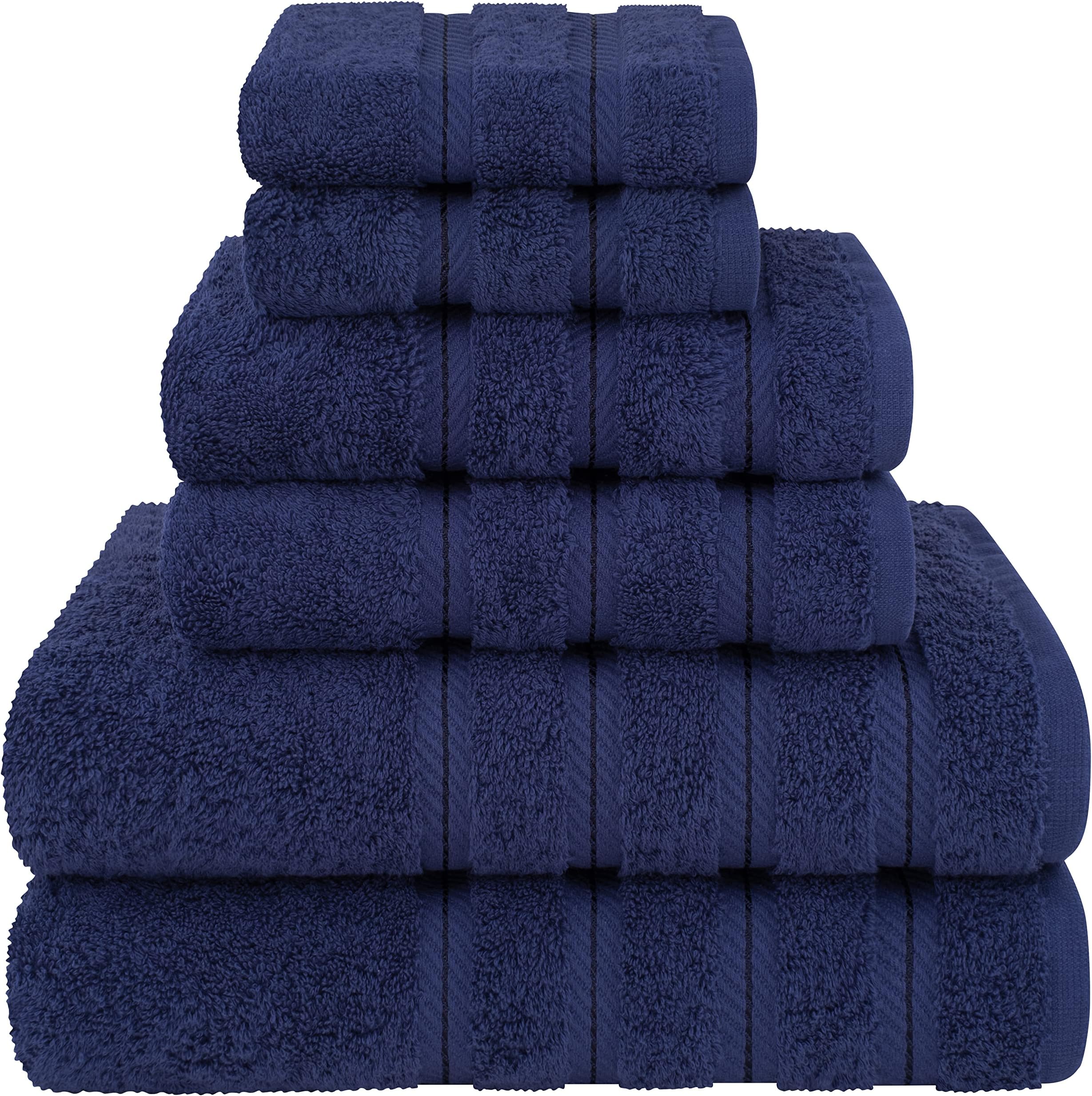 Luxury 6 Piece Towel Set, 2 Bath Towels 2 Hand Towel 2 Washcloths, 600 GSM 100% Cotton Turkish Towels for Bathroom, Navy Blue Towel Sets