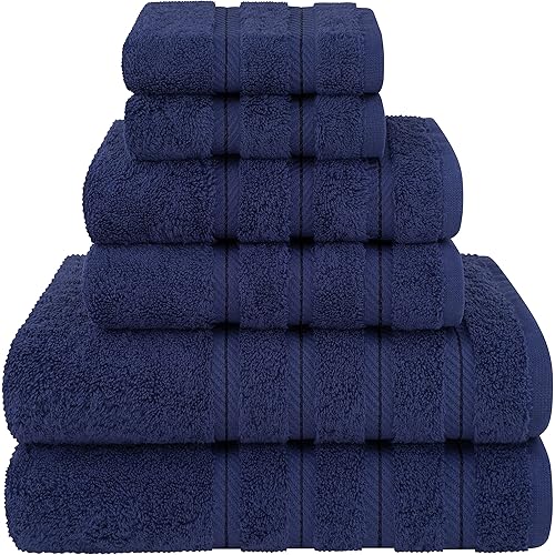 American Soft Linen Luxury 6 Piece Towel Set, 2 Bath Towels 2 Hand Towels 2 Washcloths, 100% Cotton Turkish Towels for Bathroom, Navy Blue Towel Sets