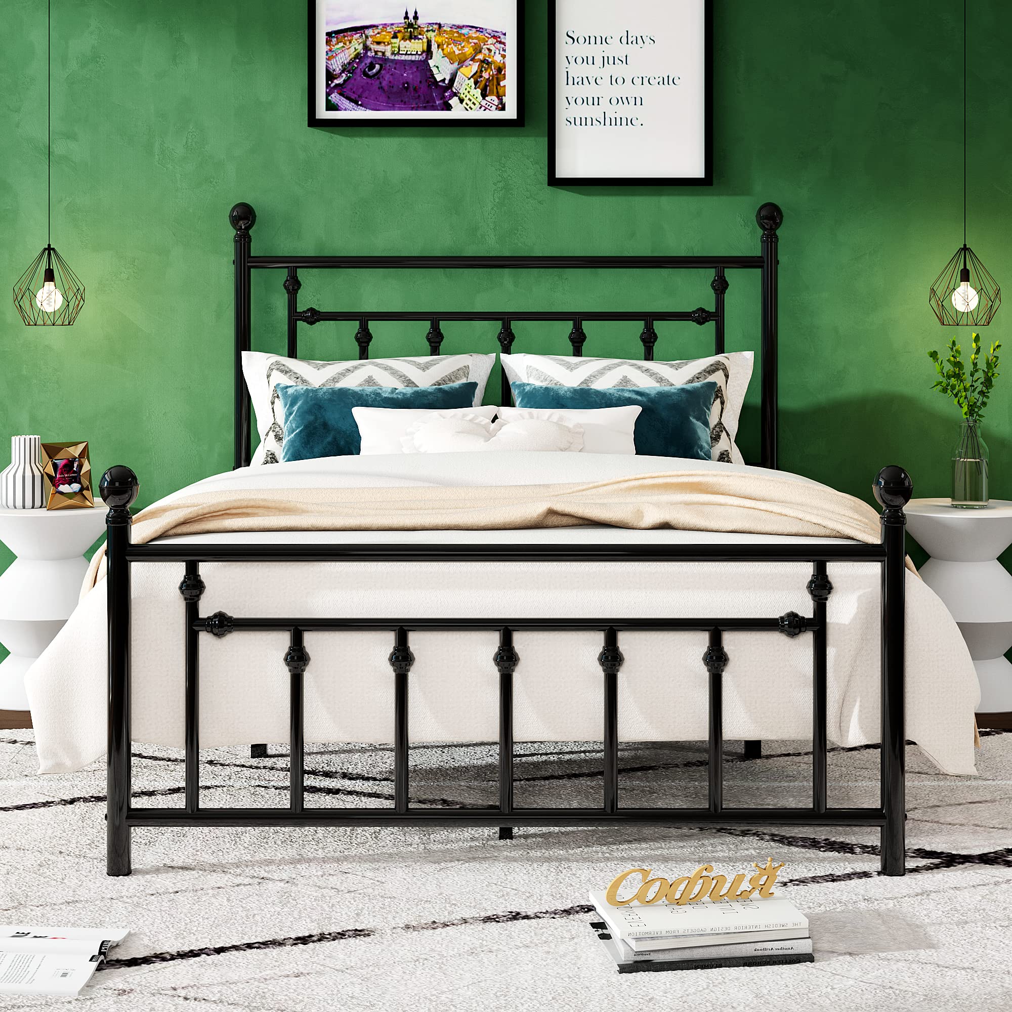 Allewie 14 Inch Queen Size Metal Platform Bed Frame with Victorian Vintage Headboard and Footboard/Under Bed Storage/No Box Spring Needed/Easy Assembly/Noise-Free/Mattress Foundation/Black