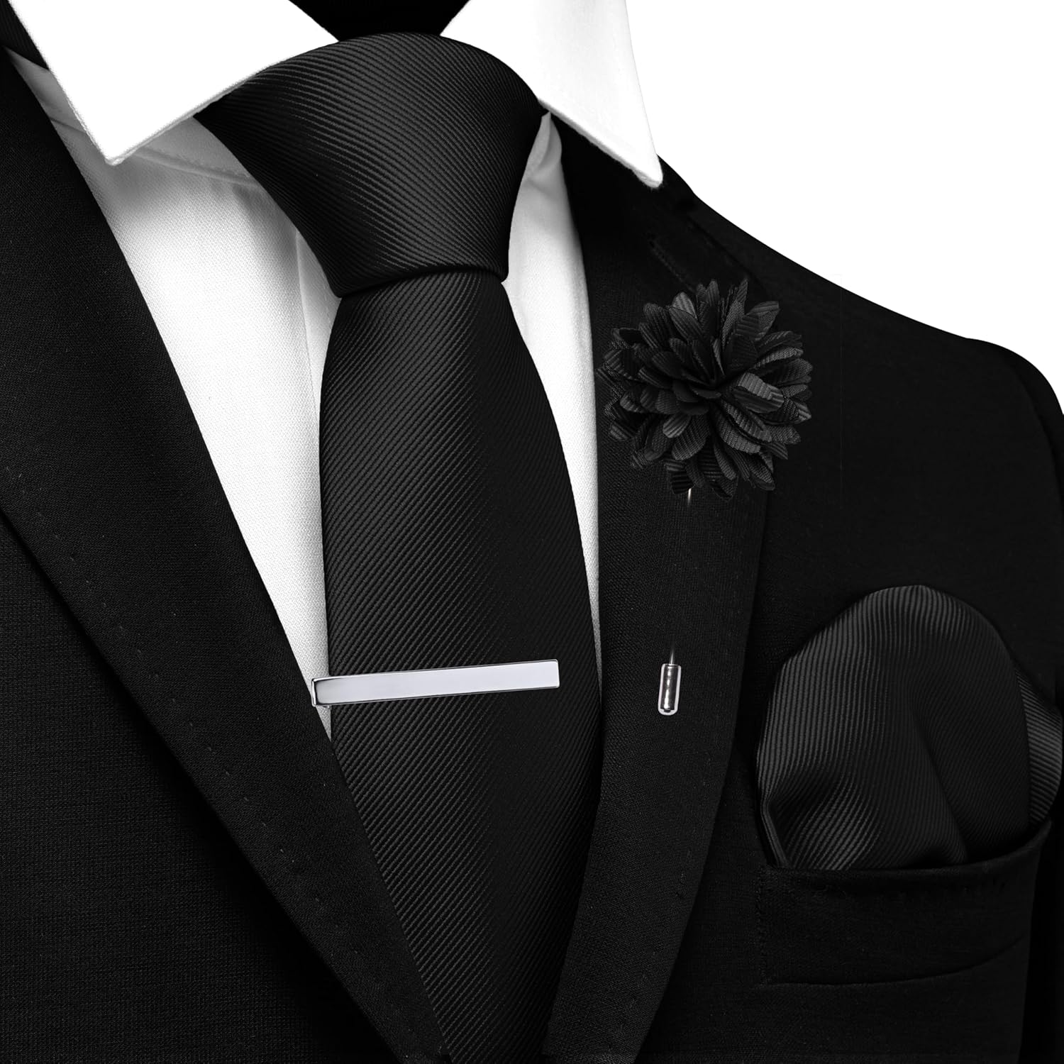 Branduce 3.15"（8cm） Solid Formal Tie and Pocket Square Plain Necktie Lapel Pin and Tie Clip Set for Men - Image 2