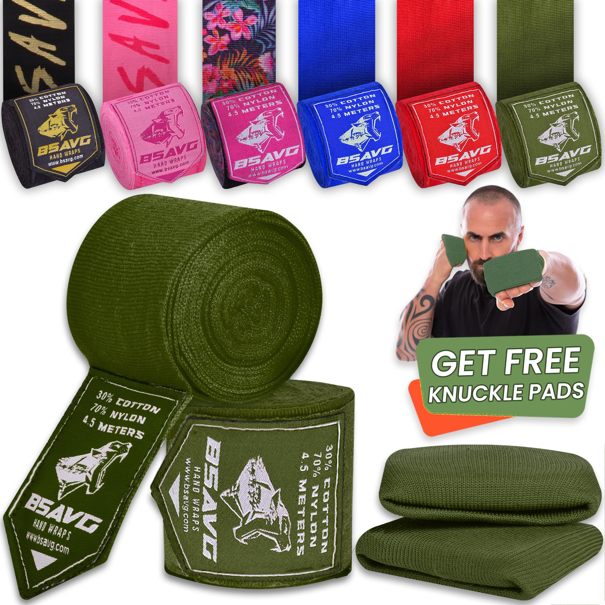 BeSAVAGE Hand Wraps 180 Inch Elastic Boxing Bandages with Knuckle Guards for Muay Thai, MMA, Kickboxing, Martial Arts, Punching Bag Training - Wrist & Knuckle Protection for Men, Women, Youth