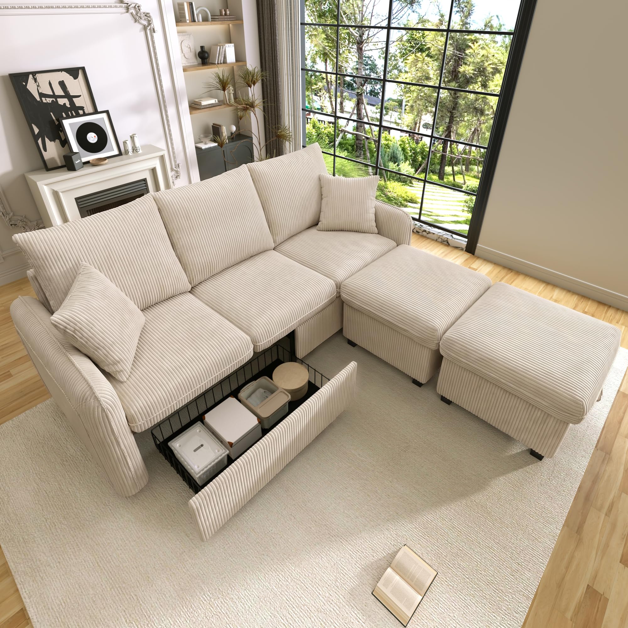 Merax Modulares 3-Sitzer Sofa-Set, Ecksofa in L-Form & U-Form mit 2 Stauraum-Hockern, Couch mit 2 Schubladen, Flexibel kombinierbare Wohnlandschaft aus Chenille, Beige