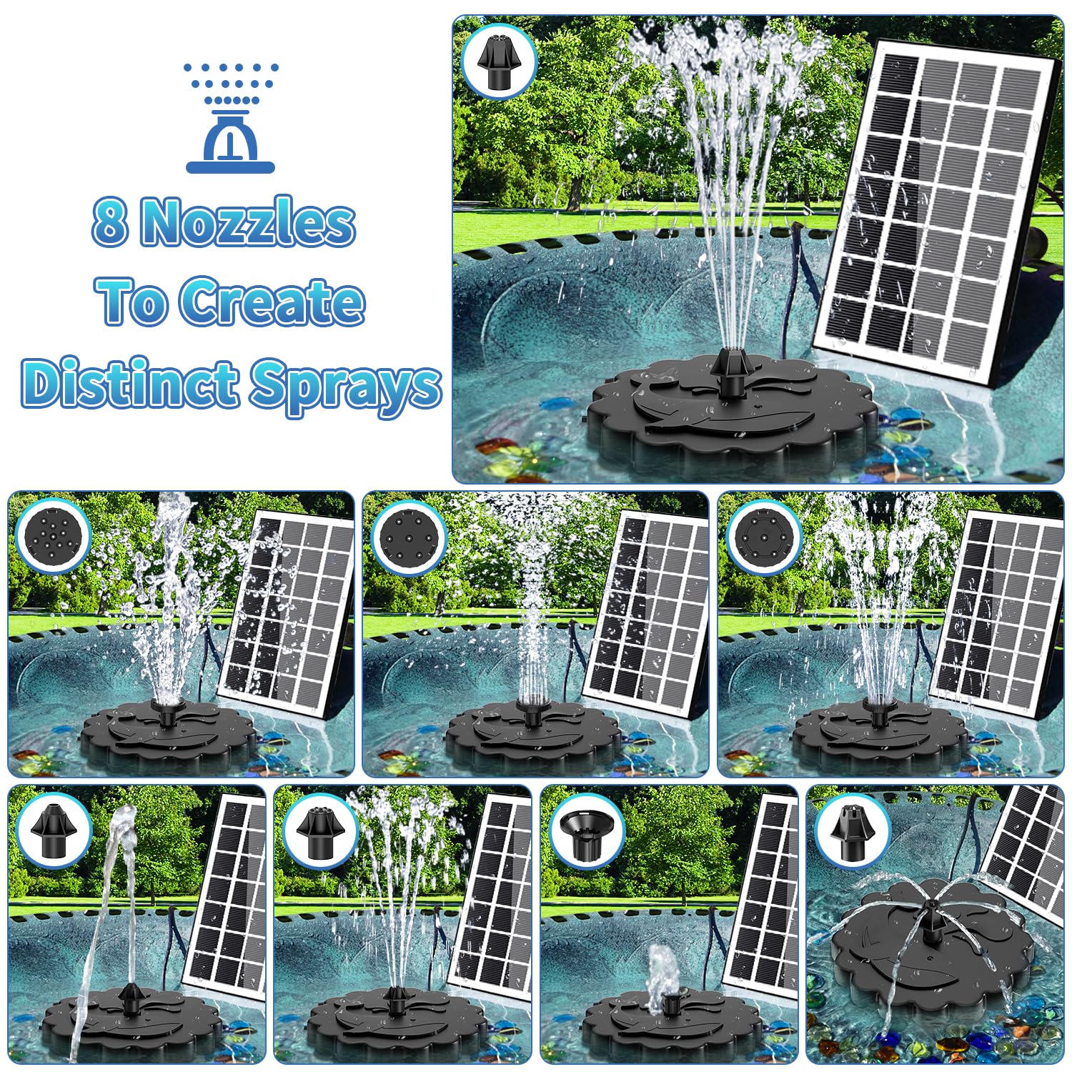 SZMP 2 en 1 Fuente Solar Jardín Exterior 3.5W, 2026 Nuevo Bomba de Agua Solar Flotante con 3M Cable & 8 Boquillas, para Estanque de Jardín Fuente, Baño para Pájaros, Estanque, Exterior, Piscina — view 3