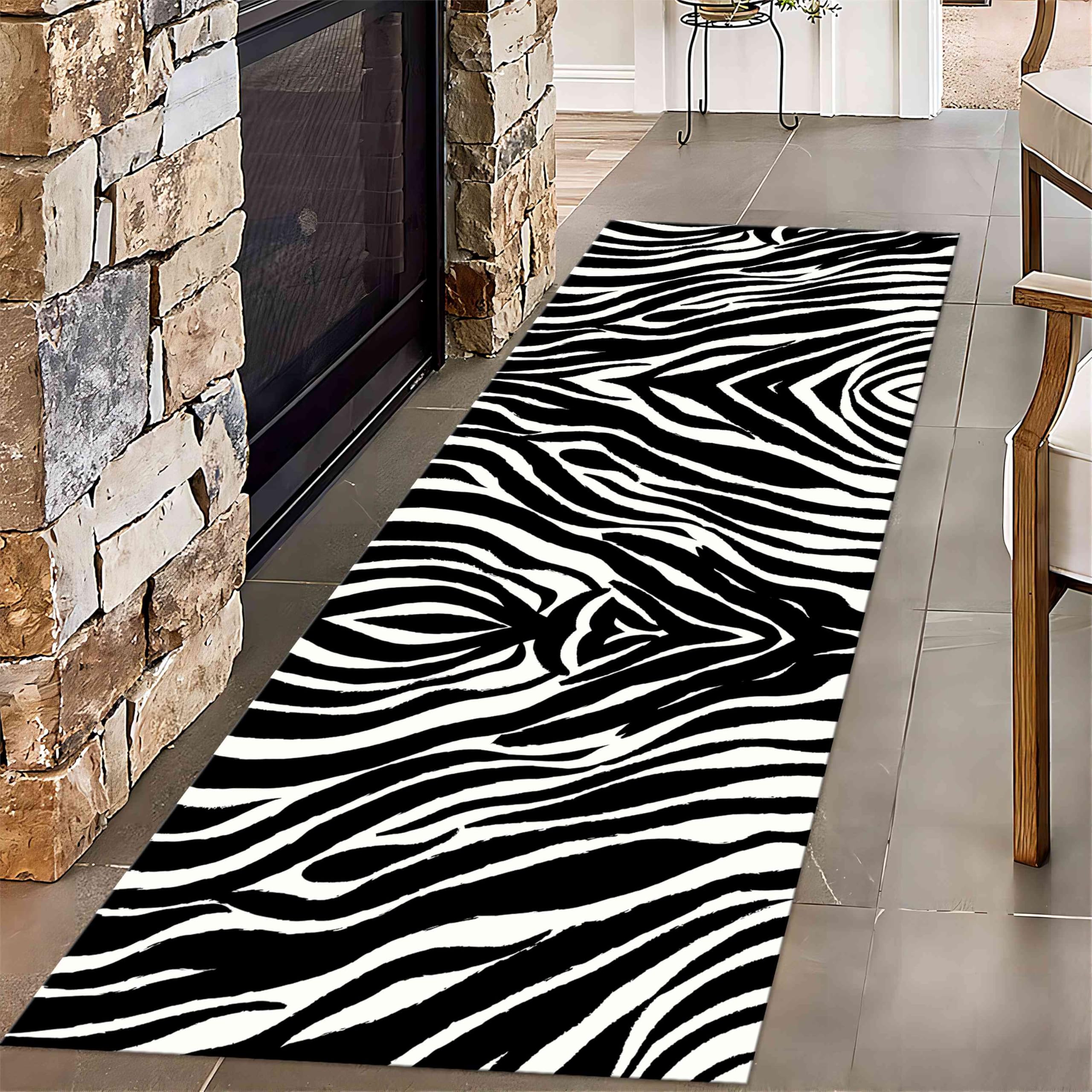 Zebra Print Long Runner Rug 3.3x10ft Black and White Wild Animals Zebra Skin Texure Wildlife Entrance Carpet Non-Slip Floor Low Pile Carpet for