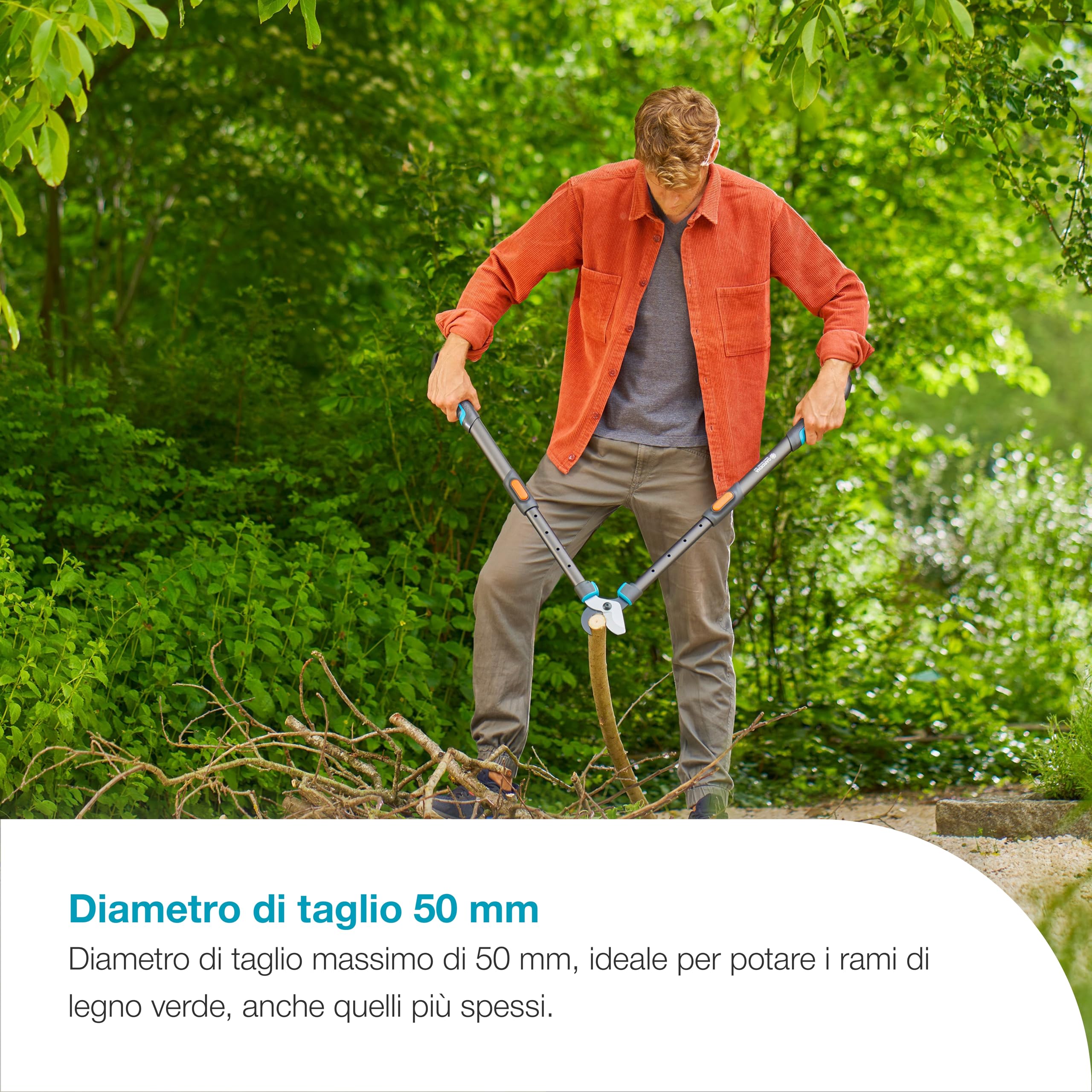 Gardena TeleCut Pro L, cesoie telescopiche per rami per legno fresco fino a 50 mm, estensibili fino a 900 mm, lame rettificate di precisione, PowerCoating per tagli puliti (12041-88)