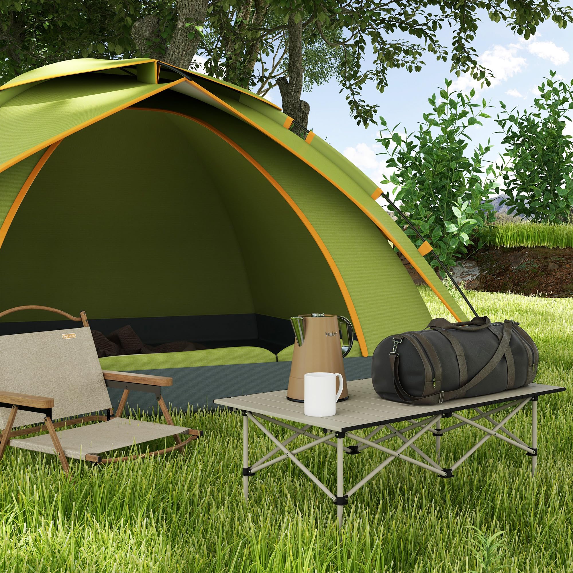 Outsunny Mesa Plegable Camping de Aluminio 95x55x50 cm con Tapa Enrollable y Bolsa de Transporte Mesa de Picnic Portátil Ligera para Acampar Senderismo Playa Caqui