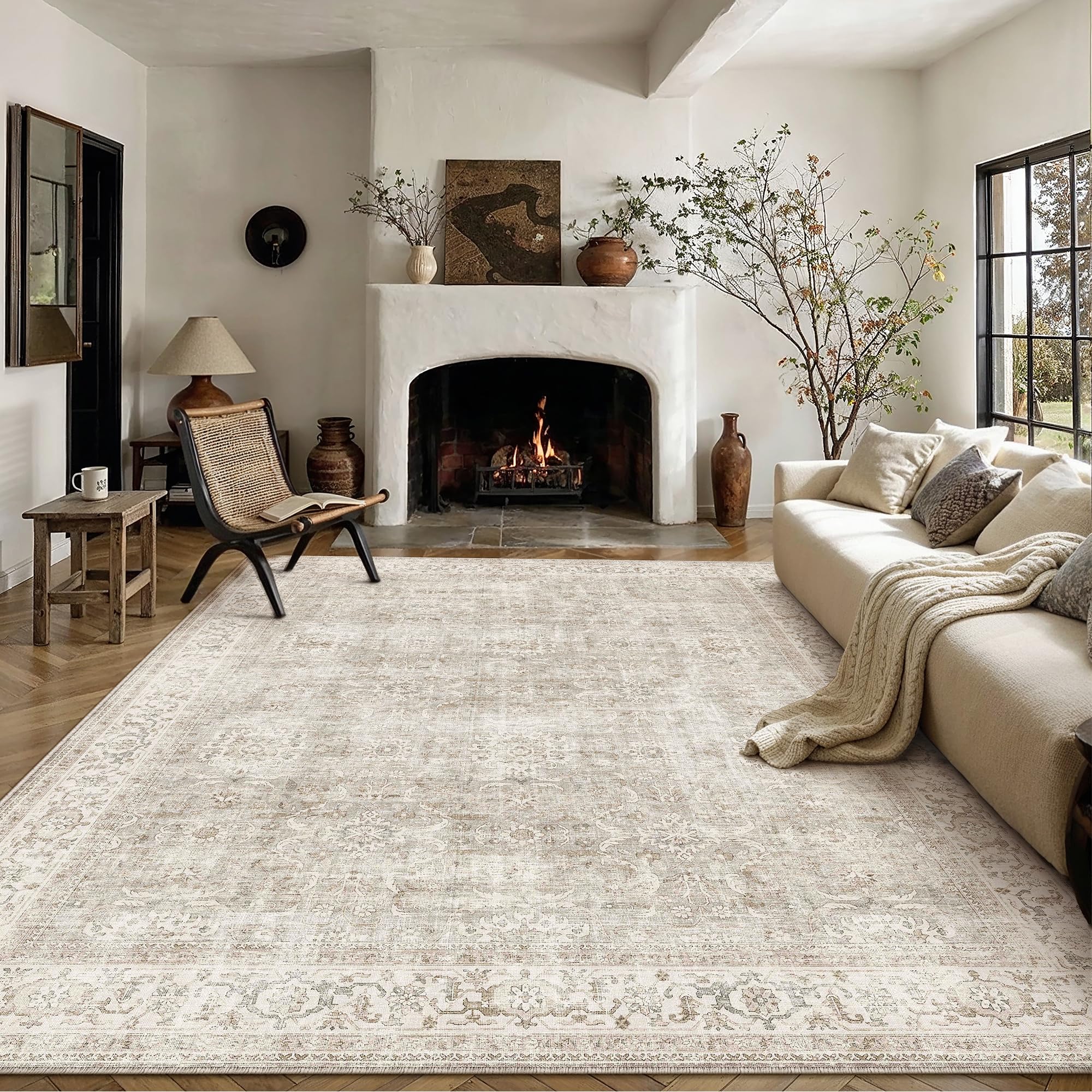 PureCozy Vintage Rugs Living Room Washable Rug 300x400cm Grey Bedroom Non Slip Carpet Bedroom Kitchen Dining Room Office Indoor Low Pile Soft Large Carpets